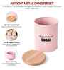 Light Pink Metal Tea & Sugar Containers With Wooden Lids Set Of 2