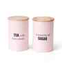Light Pink Metal Tea & Sugar Containers With Wooden Lids Set Of 2