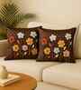 Brown Linen Flower Printed 16X16 Inches 2Pcs Cushion Covers