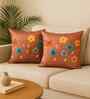 Maroon Linen Flower Printed 16X16 Inches 2Pcs Cushion Covers