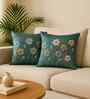 Blue Linen Flower Printed 16X16 Inches 2Pcs Cushion Covers