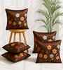 Brown Linen Flower Printed 16X16 Inches 5Pcs Cushion Covers