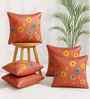 Maroon Linen Flower Printed 16X16 Inches 5Pcs Cushion Covers