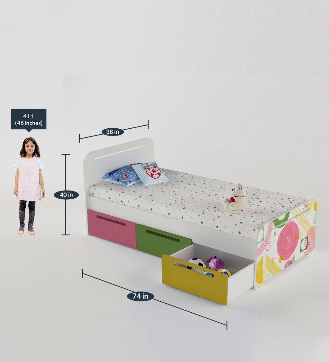 Simply Kids Printed Bed in White Multi Colour with Drawer Storage