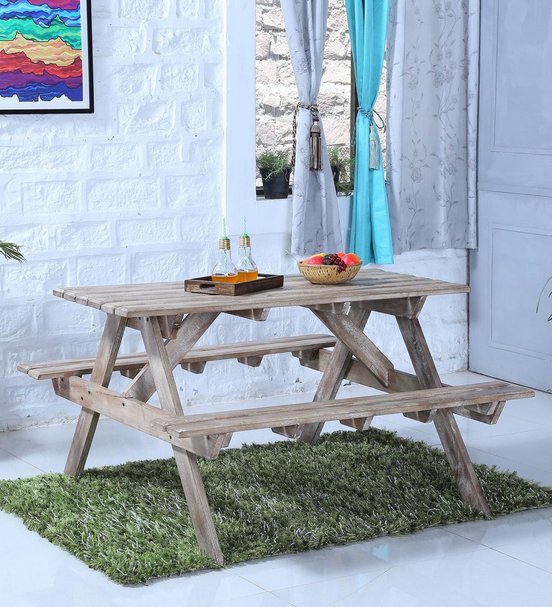 Buy Lomira Solid Wood 4 seater Patio Dining Set in Distress Finish Bohemiana By Pepperfry