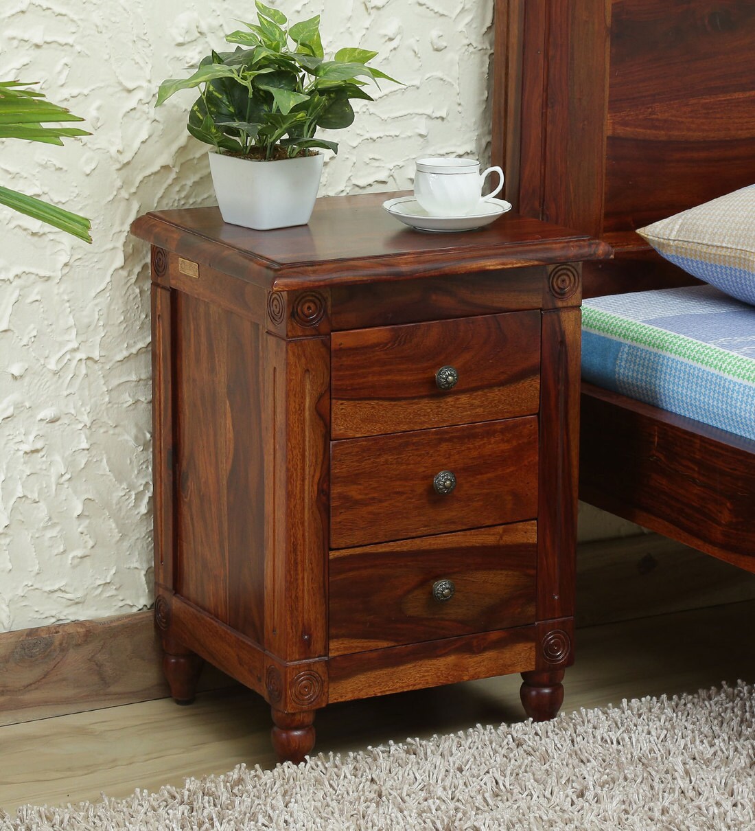 Buy Louis Solid Wood Bed Side Chest With Drawers In Honey Oak Finish By