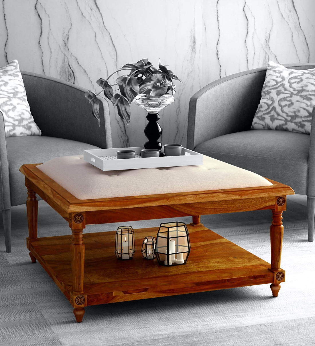 Buy Louis Solid Wood Upholstered Coffee Table In Provincial Teak Finish Amberville By Pepperfry Online Square Coffee Tables Tables Furniture Pepperfry Product