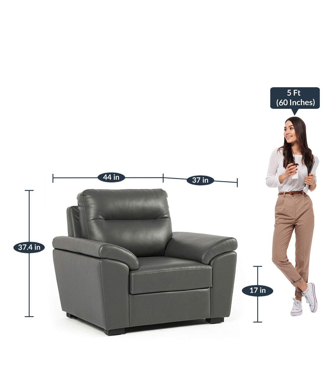 Buy Lounger Leatherette 1 Seater Sofa in Grey Colour by Wakefit Online