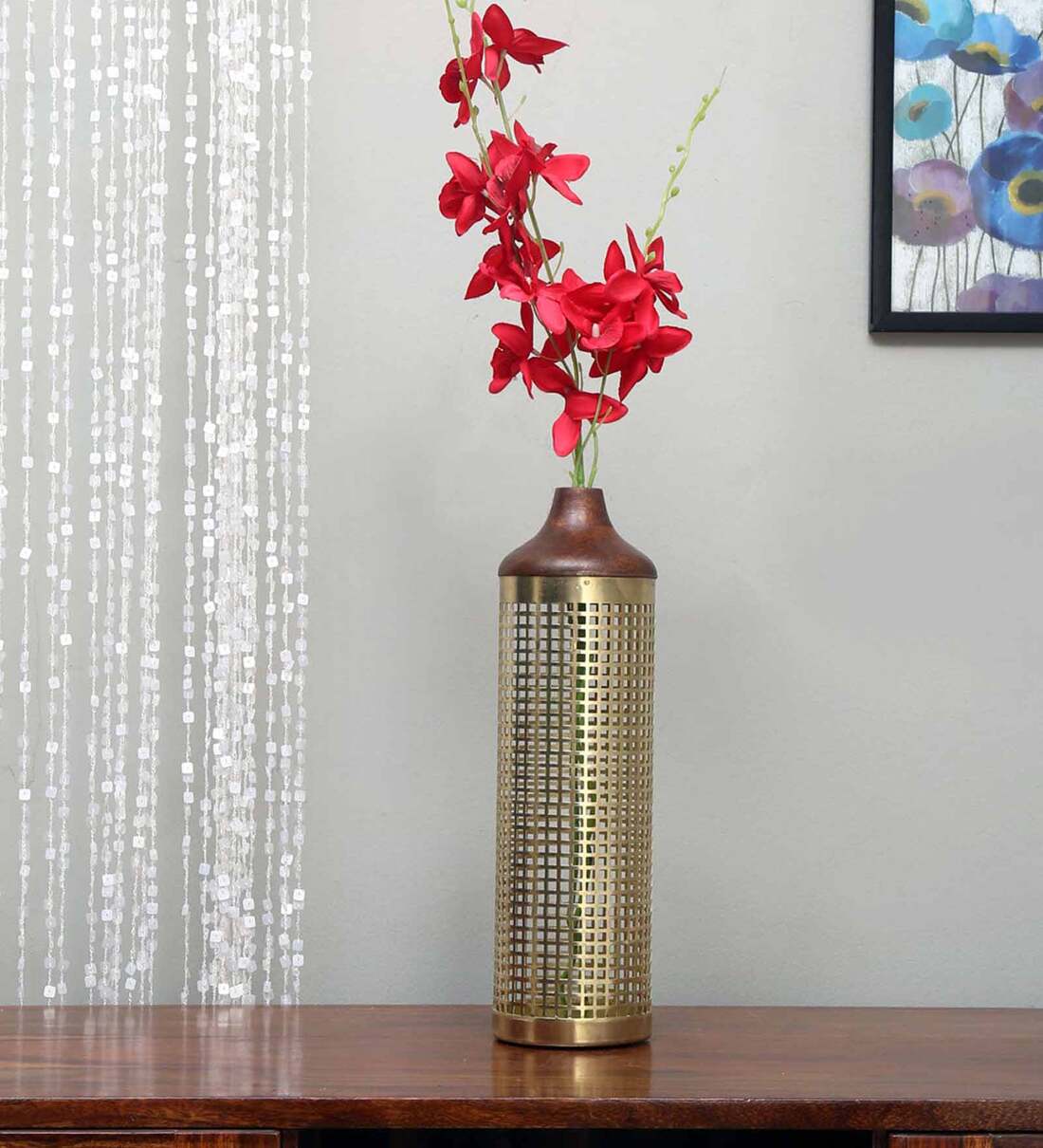 Buy Lower Jali Cutwork Gold Iron & Wood Table Vase Online Vases