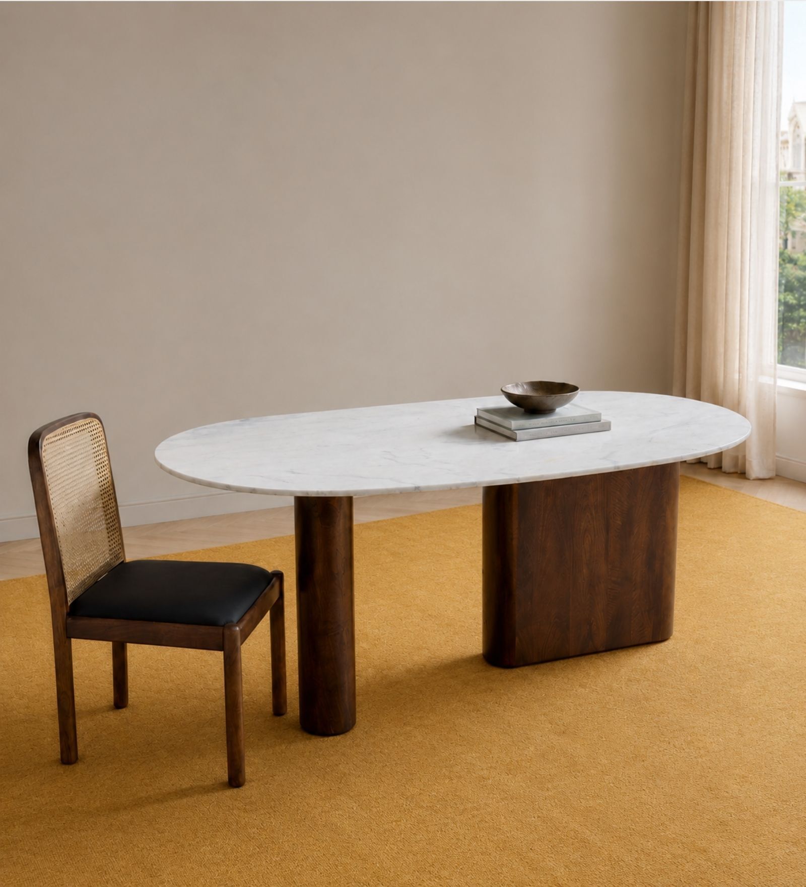 Lok Marble-Top Wooden 6 Seater Dining Table Set In Mango Finish