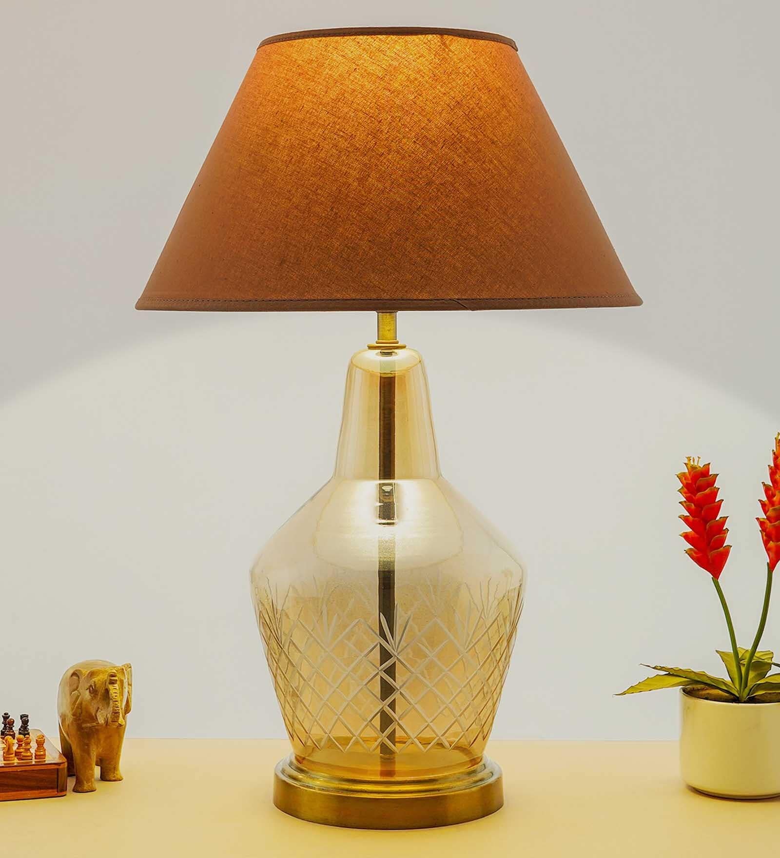 Naples White Cotton Fabric Shade Night Lamp With Metal & Glass Base