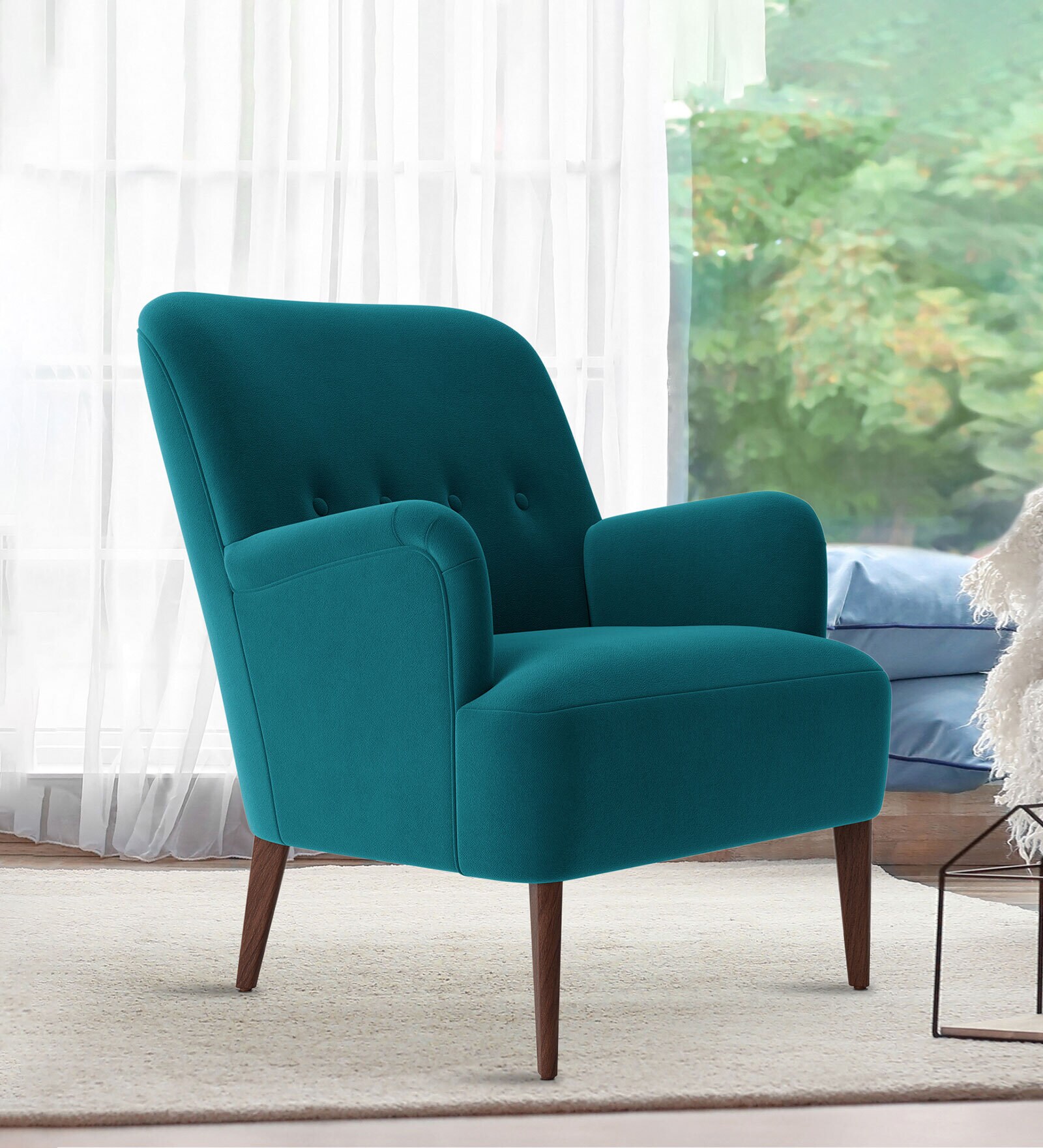 London Velvet Arm Chair In Teal Blue Colour