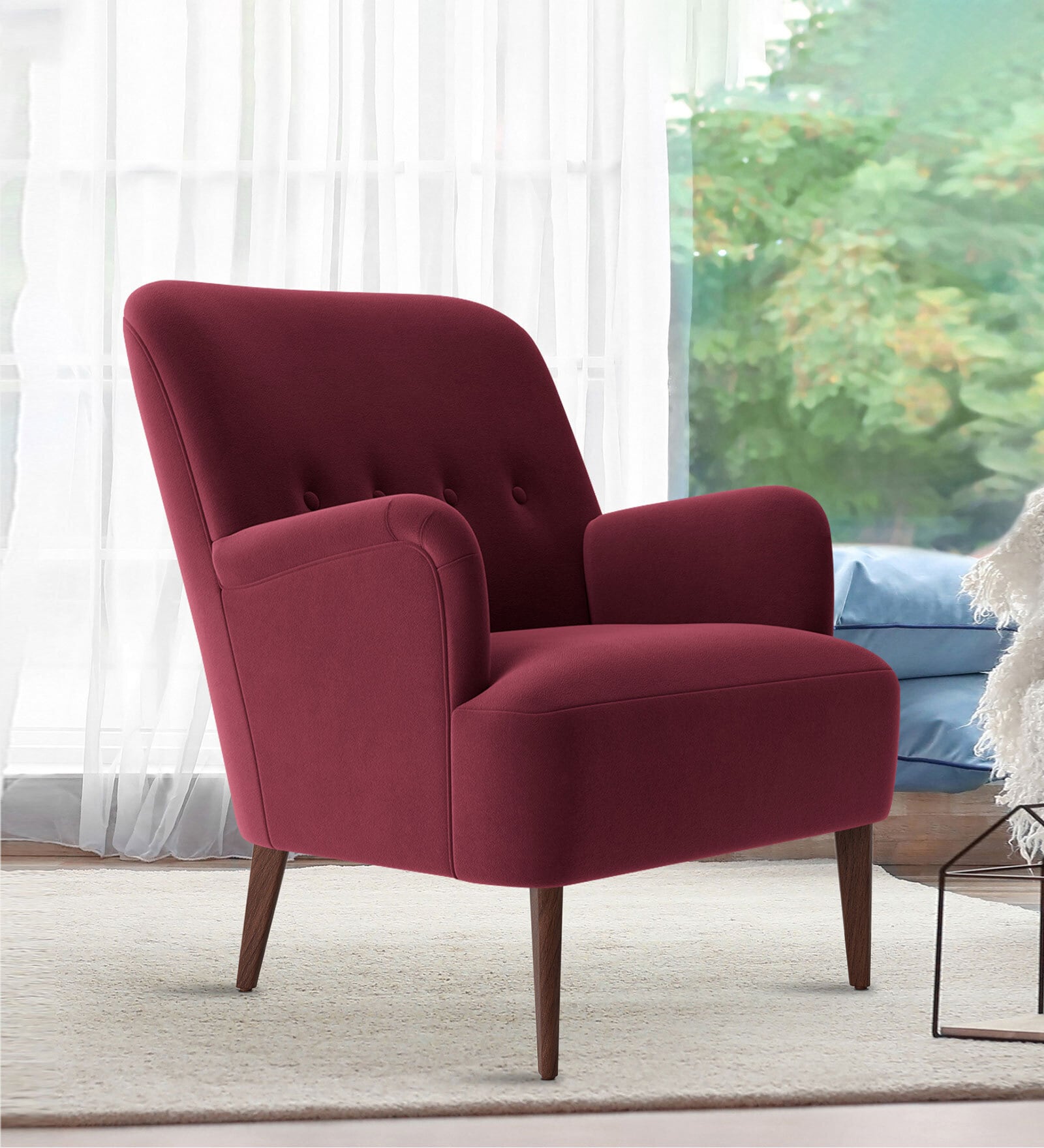 London Velvet Lounge Chair In Maroon Color