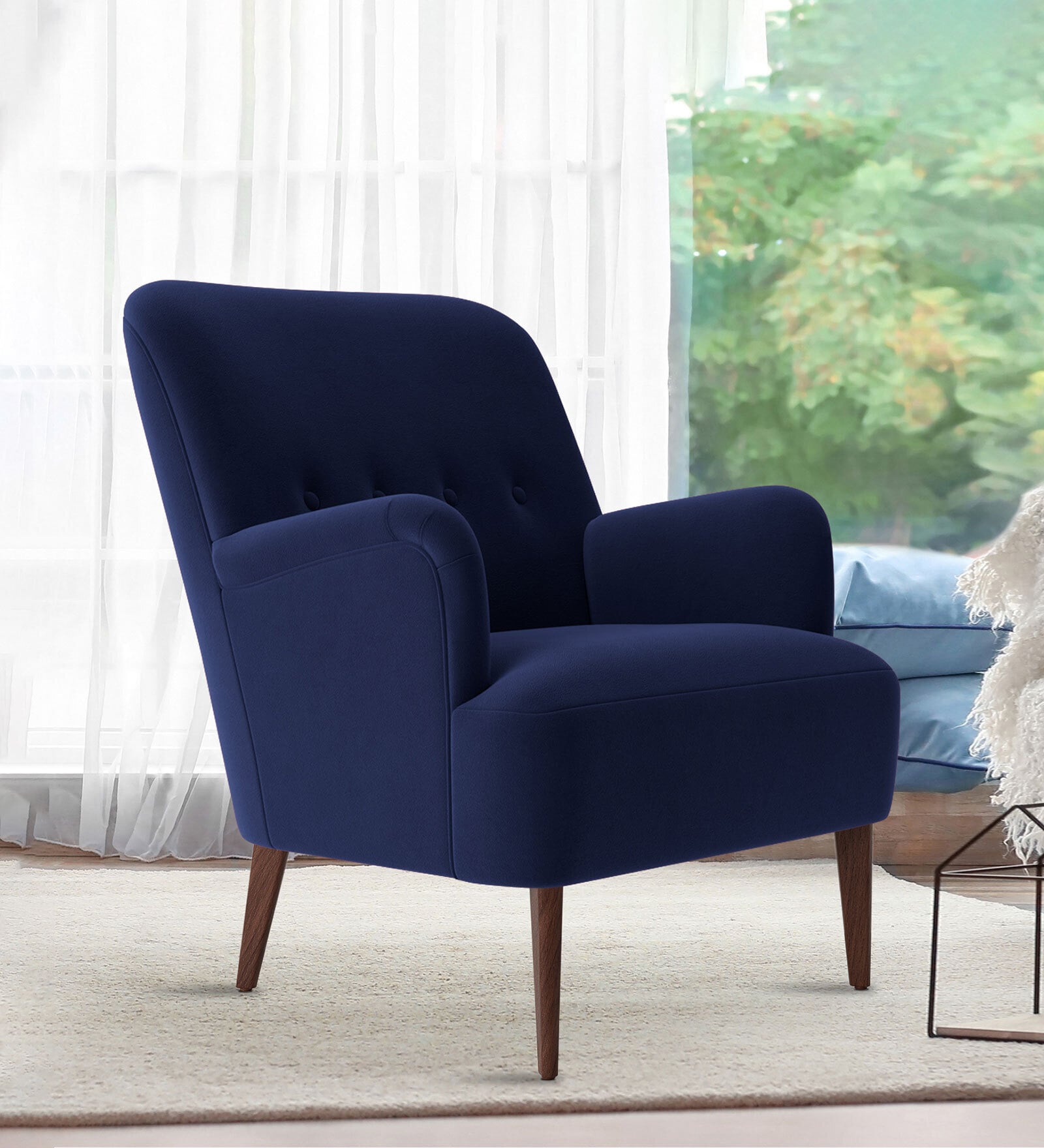 London Velvet Lounge Chair In Navy Blue Color