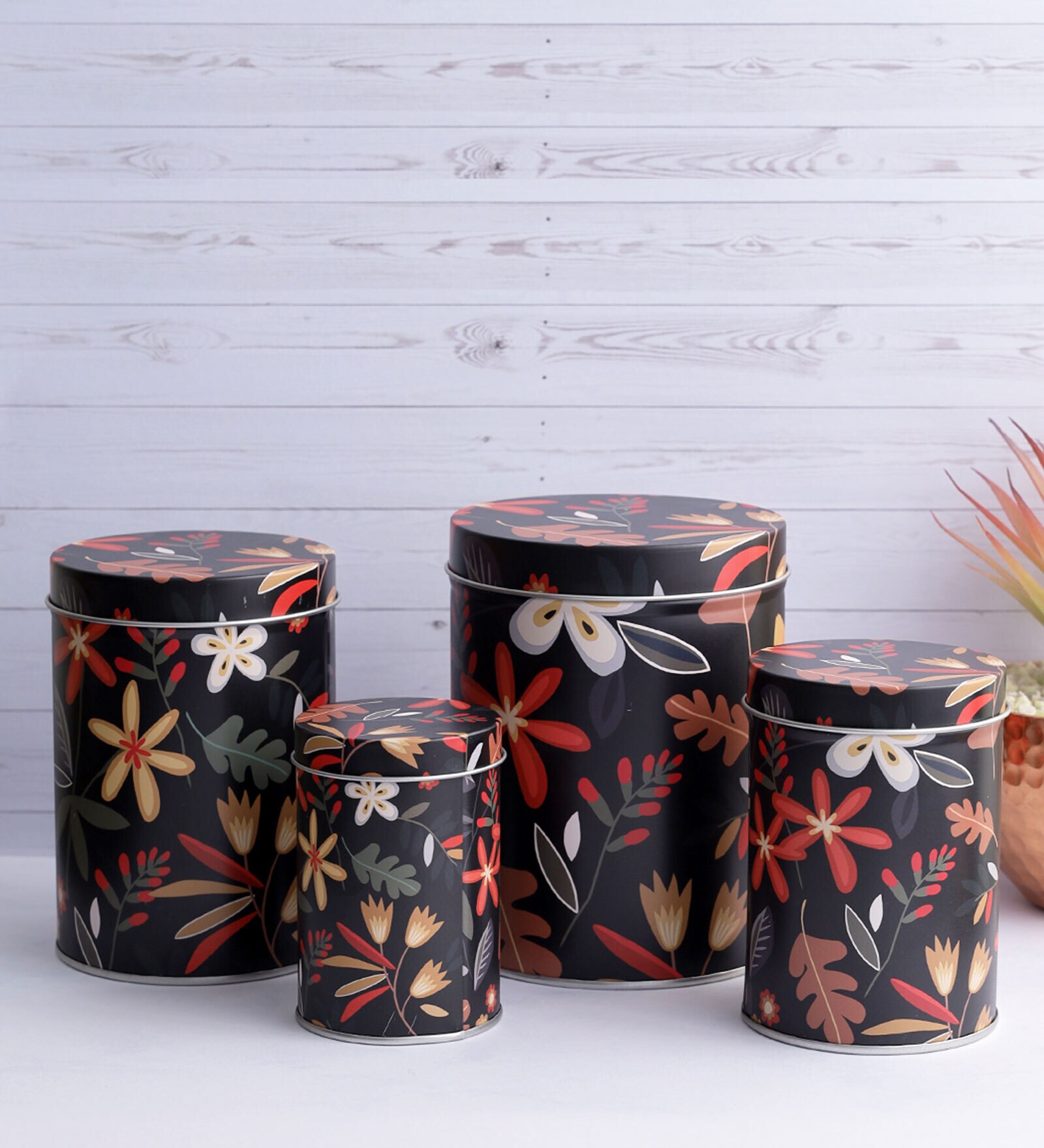 Long Dark Floral (Set of 4) Black Metal Jar Container