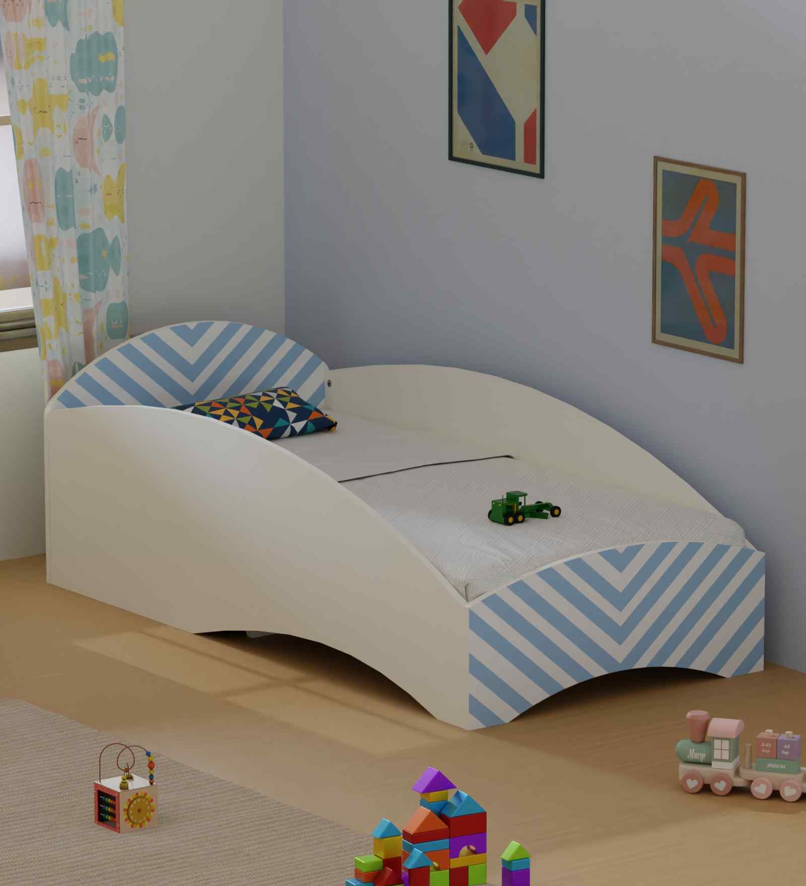 Loopy Loop Toddler Bed in White and Light Blue Stripes