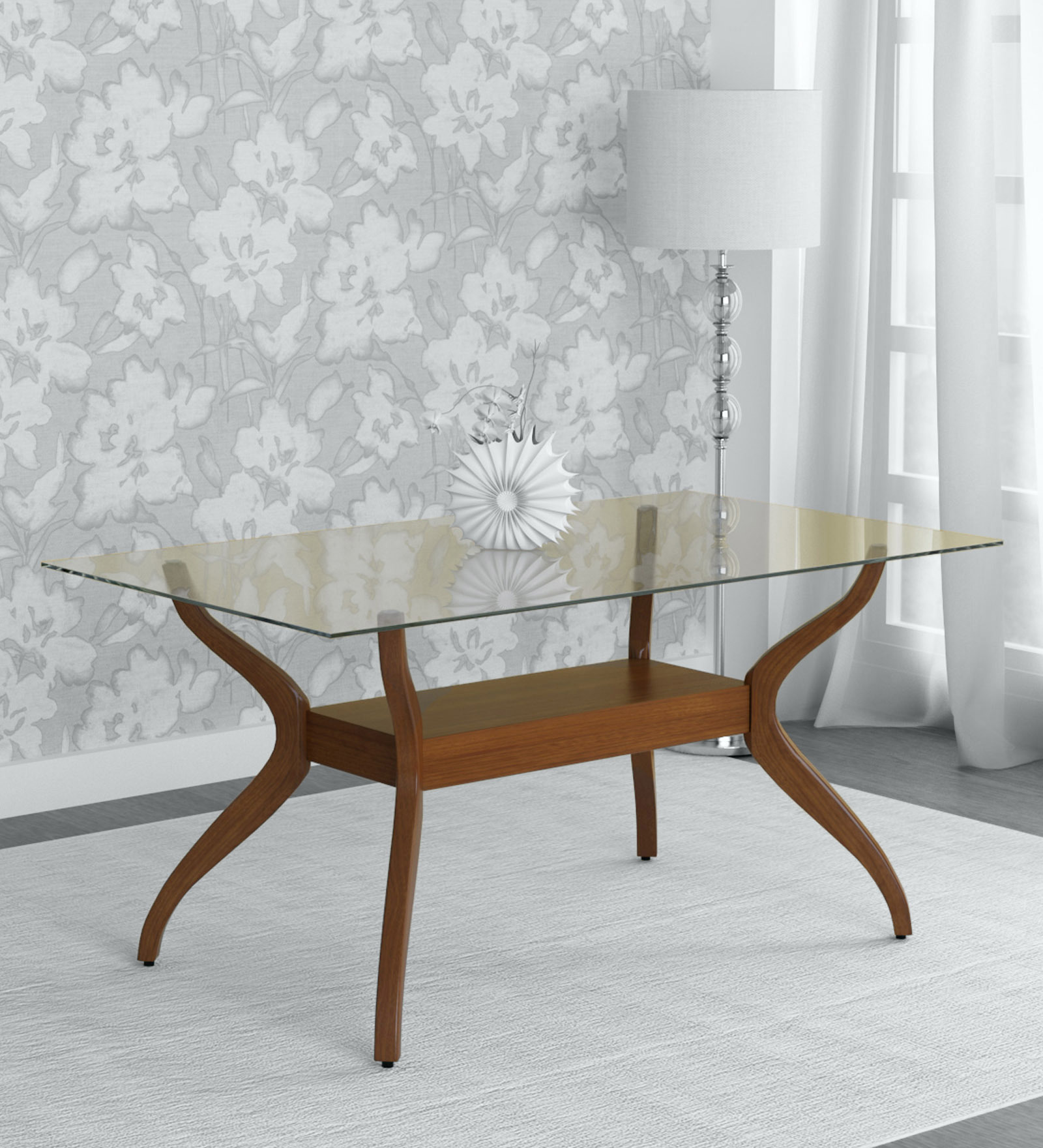 Lopez Solid Wood 6 Seater Dining Table in Brown Finish with Glass Top