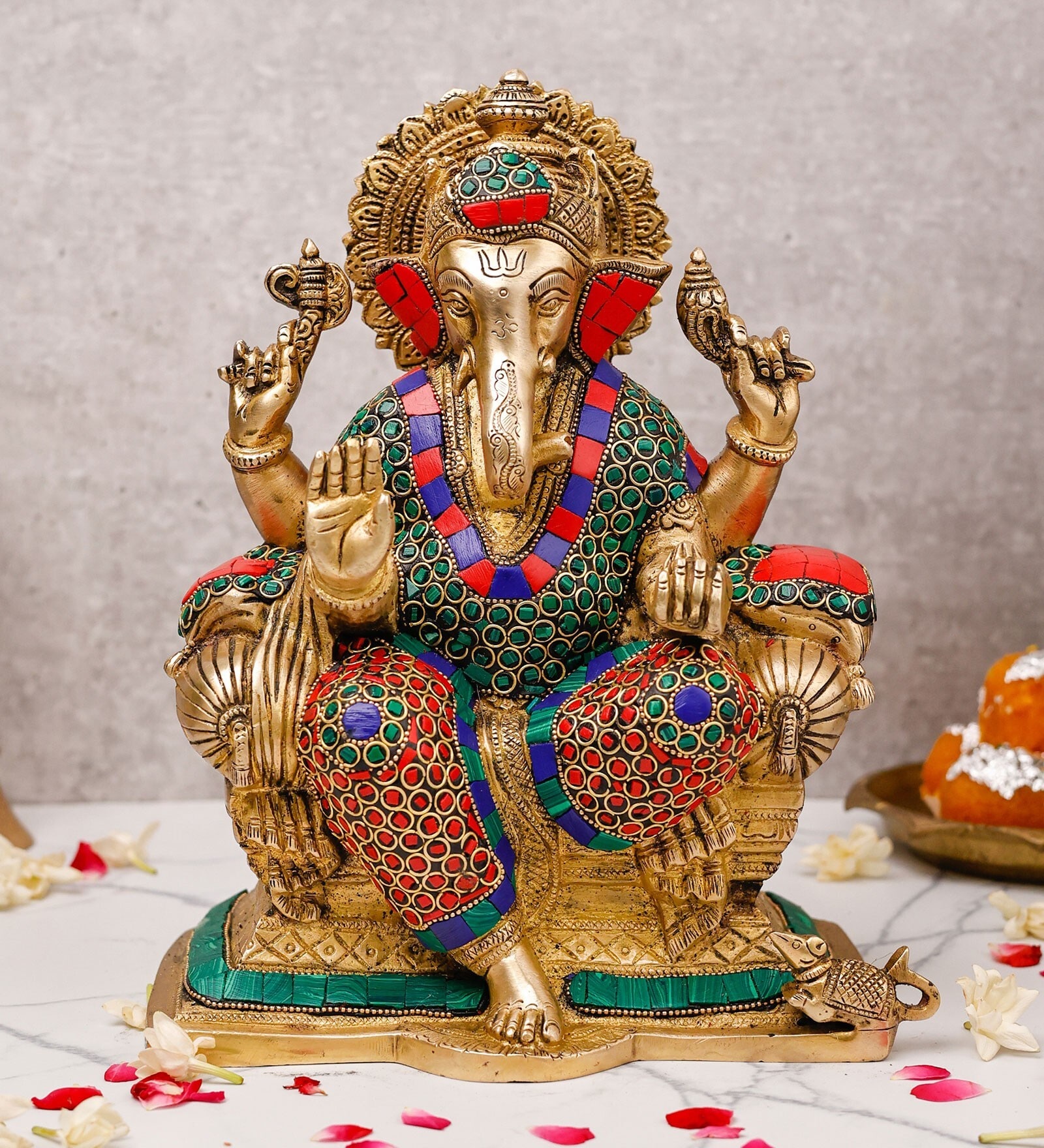 Lord Ganesh With Mosaic Work Brass Religious Idol