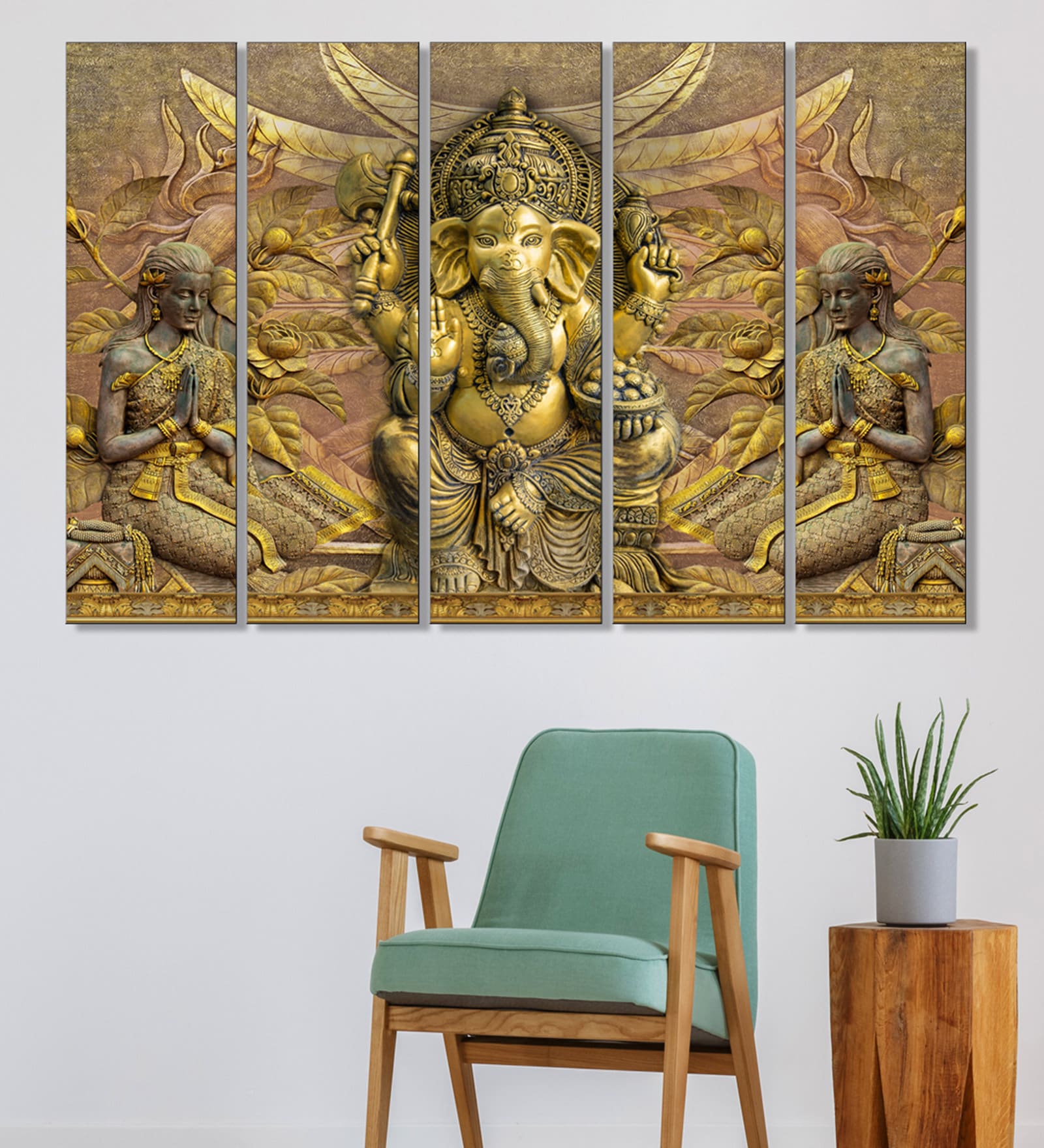 Lord Ganesha Yellow MDF Unframed Spiritual Art Panel Set of 5