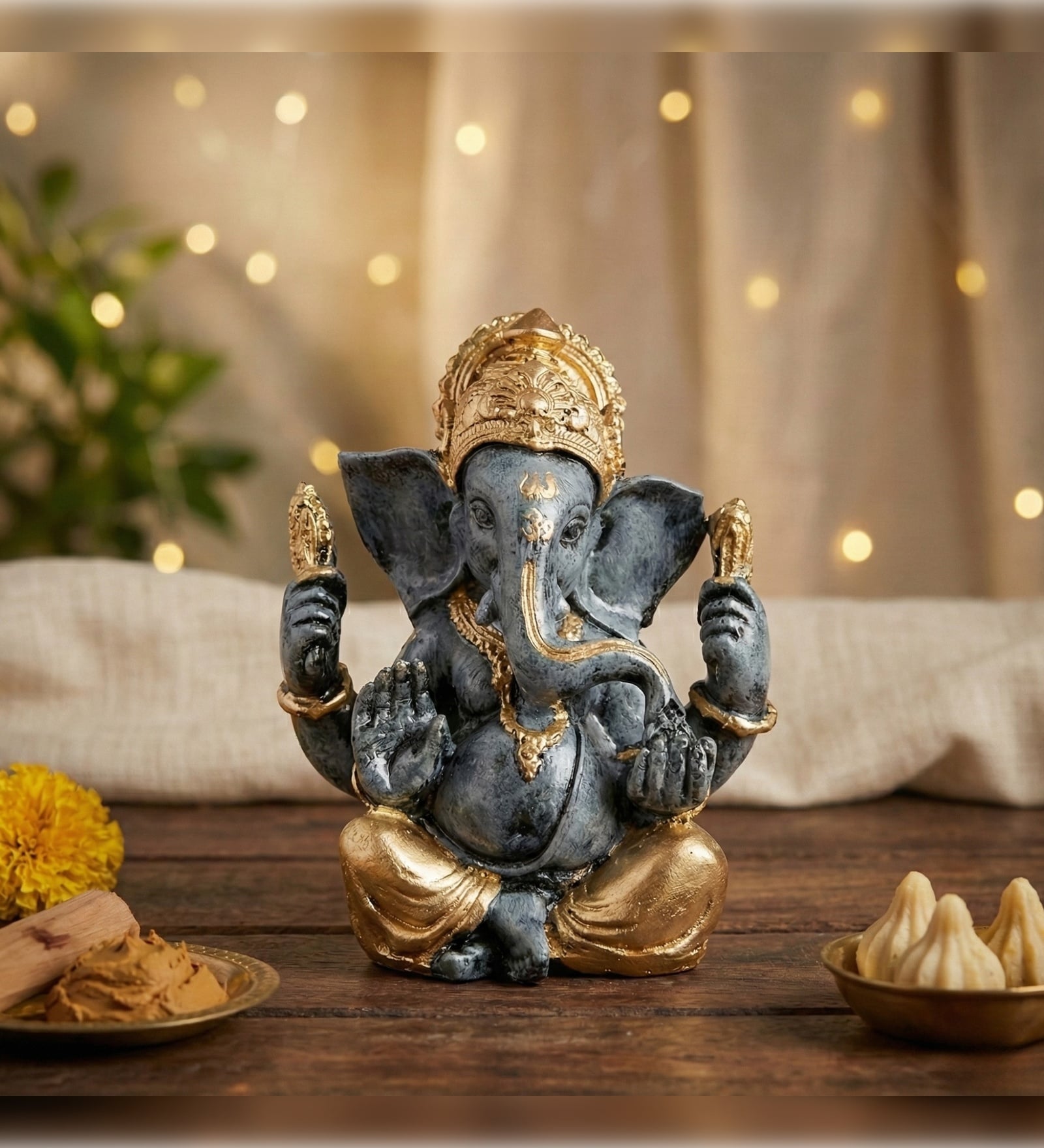 Grey and Golden Lord Ganesha Idol