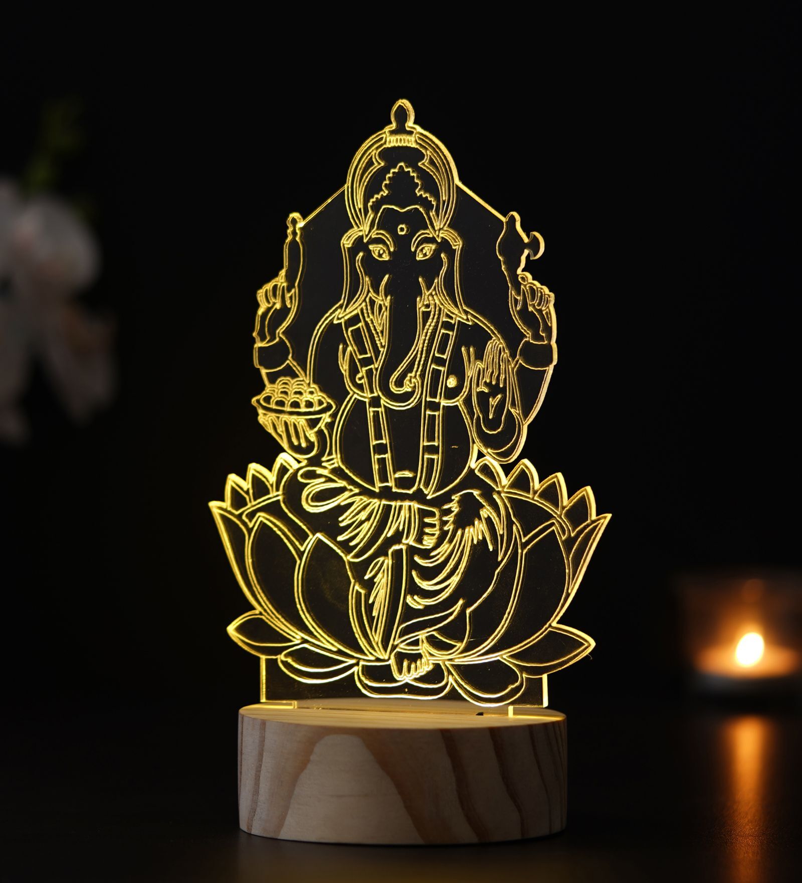 Lord Ganesha on Lotus Design Acrylic & Wood Base LED Table Lamp with Rechargeable Battery