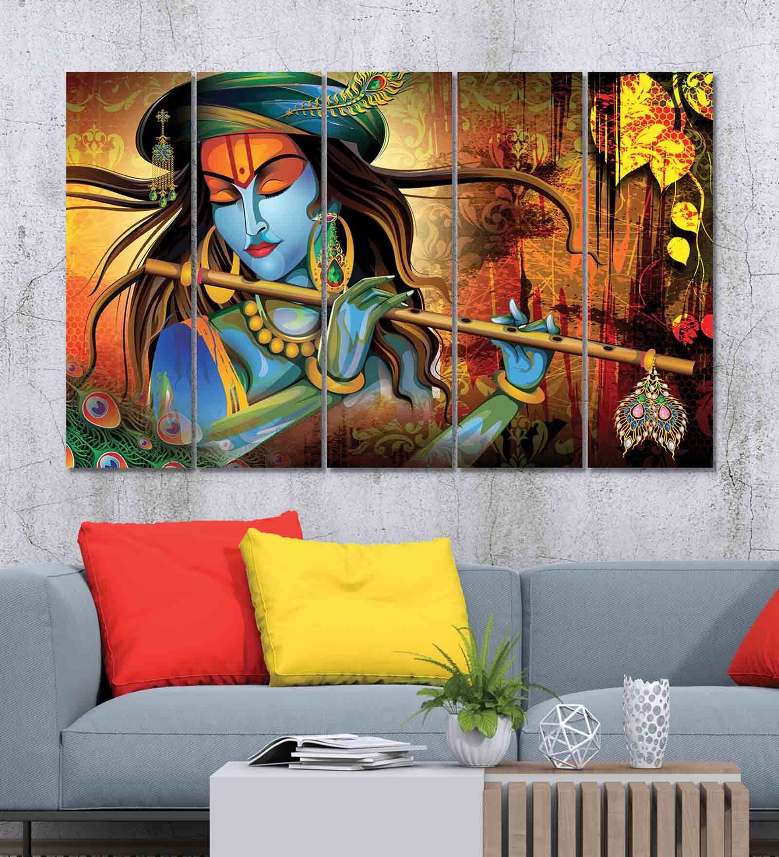 Lord Krishna Multicolour MDF (Set of 5) Art Panels