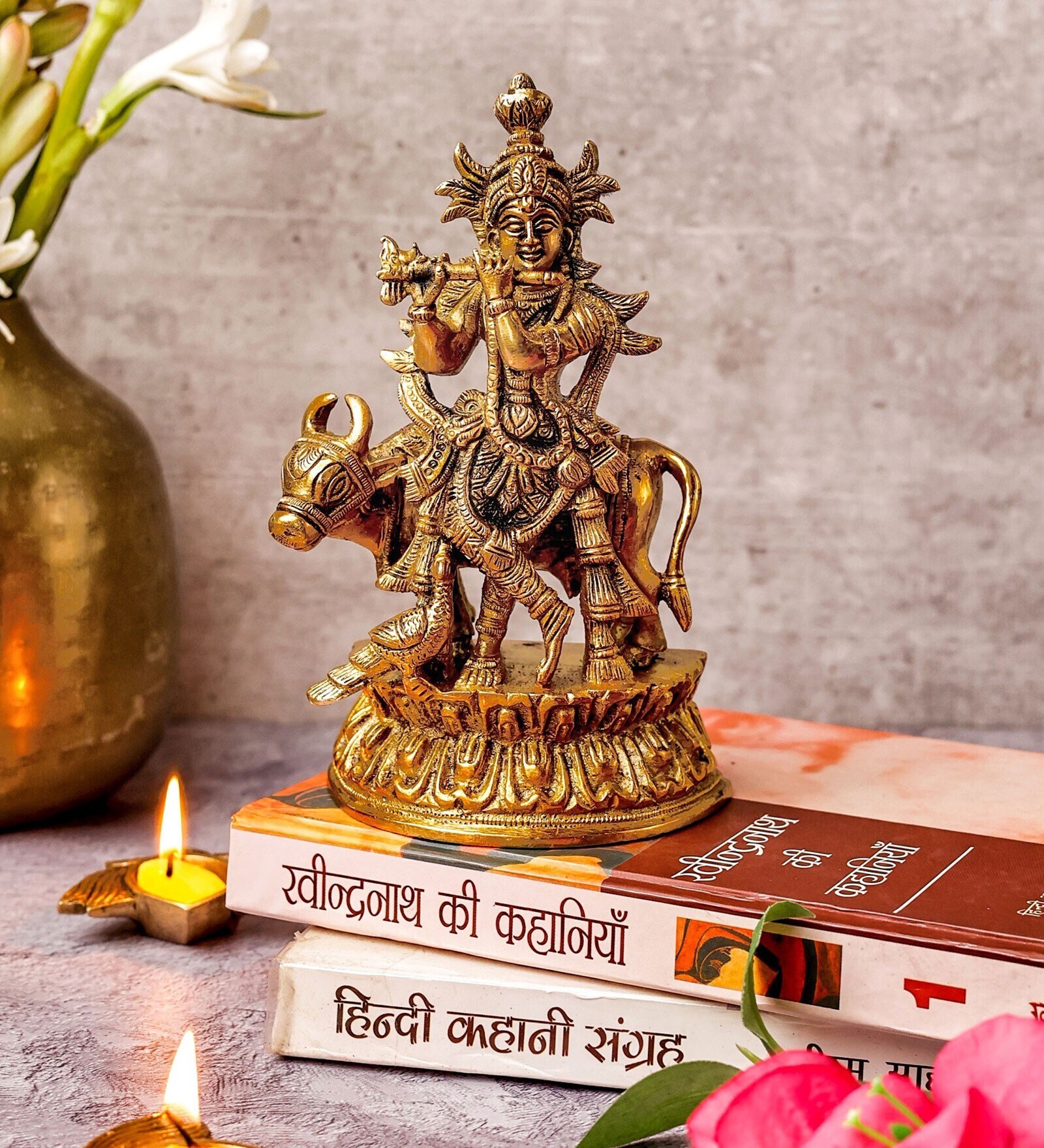 Lord Krishna With Cow Brass Religious Idol