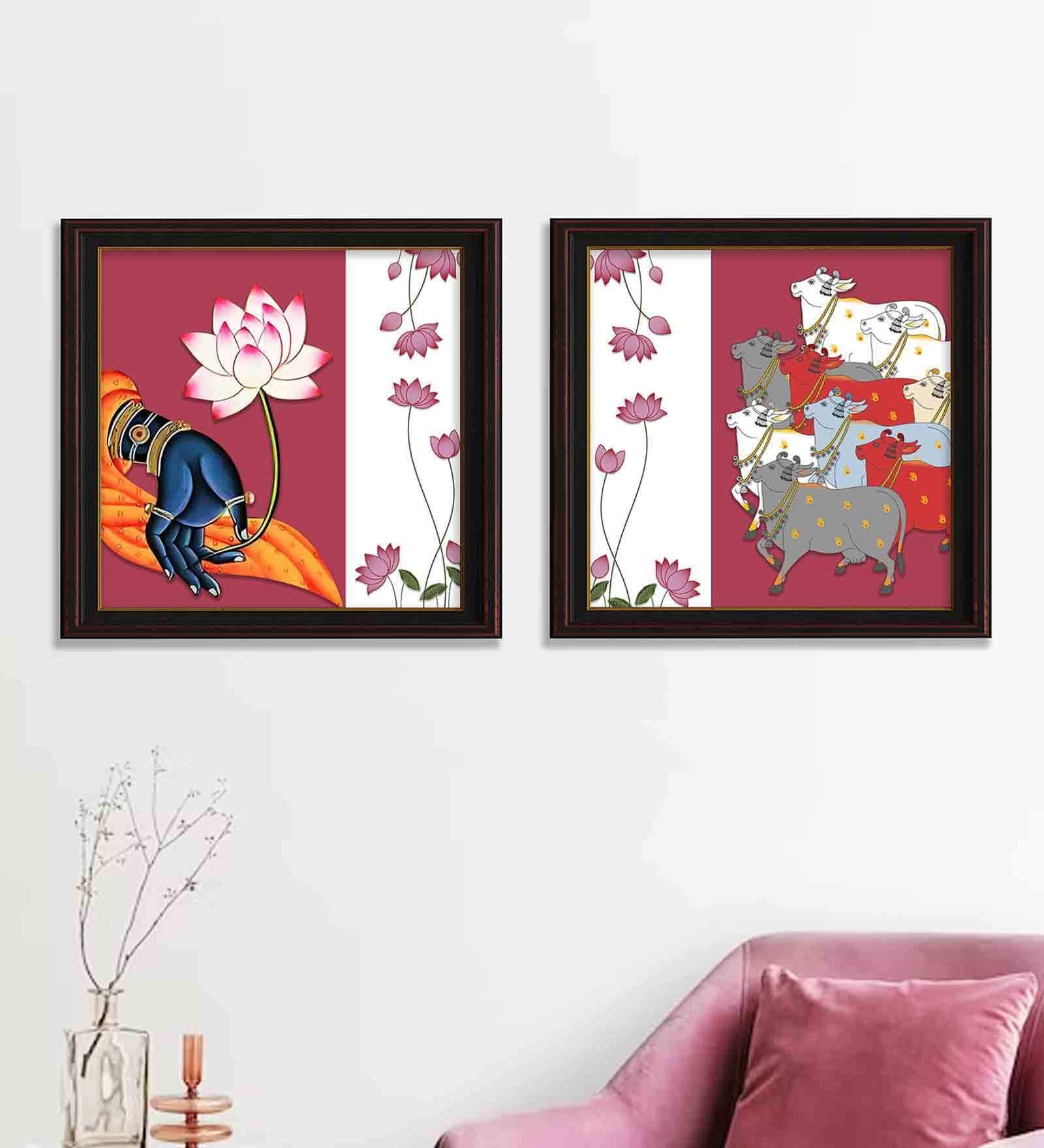 Lord Shrinathji Dancing Multicolour Engineered Wood (Set of 2) Art Panels