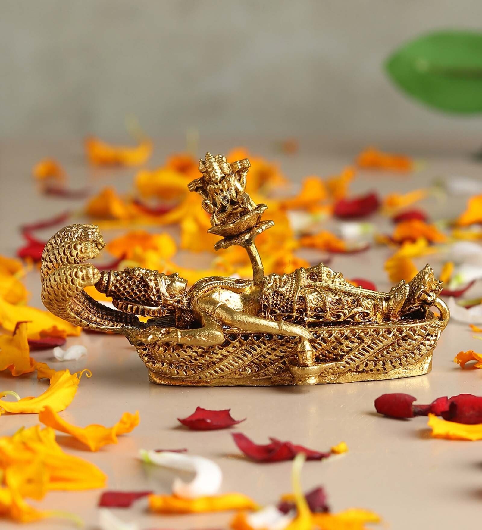 Golden Lord Vishnu Brass Idol on Sheshnag with Shivling and Brahma ji