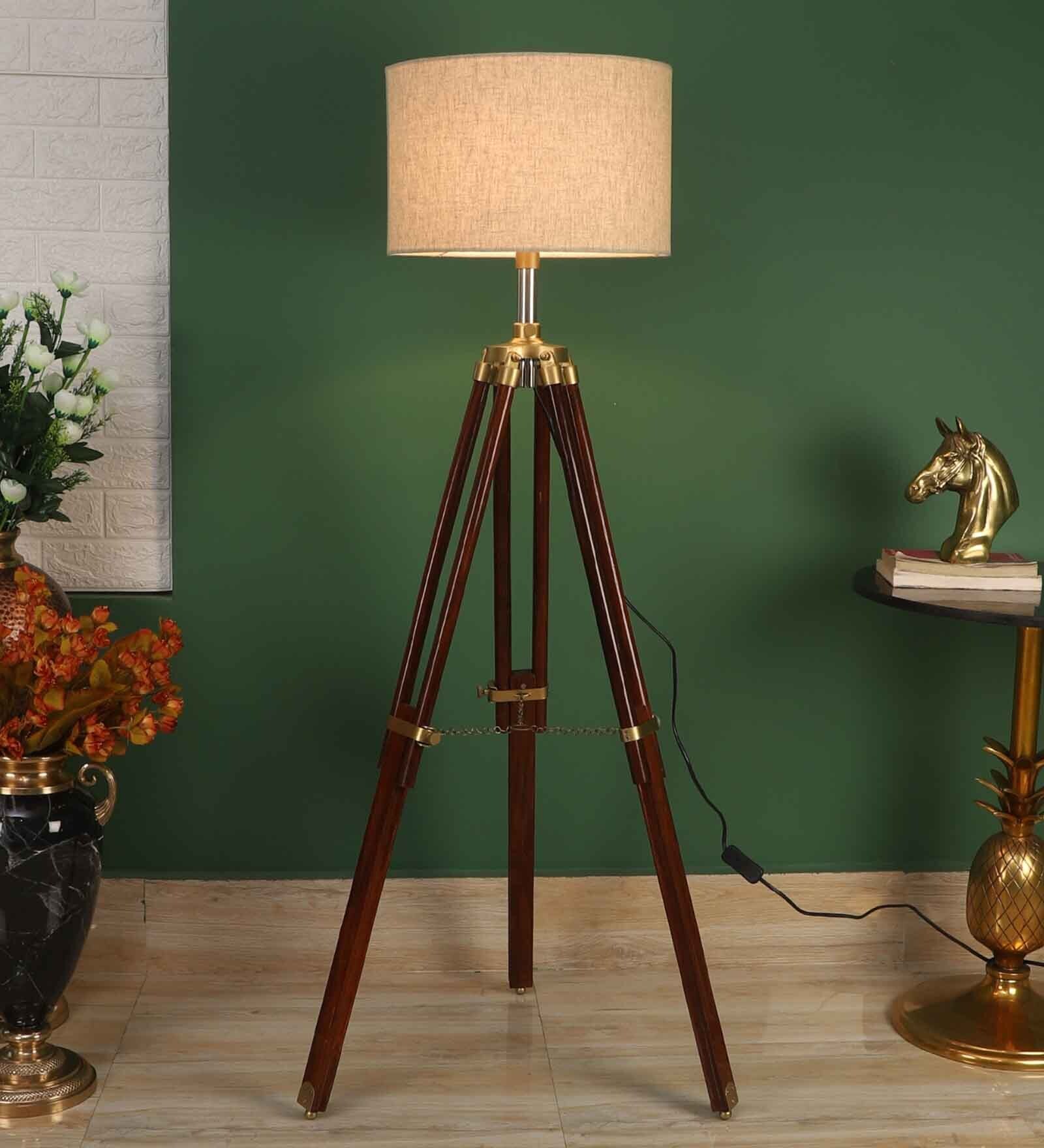 Carolie Brown Fabric Shade Tripod Floor Lamp With Wood & Metal Base