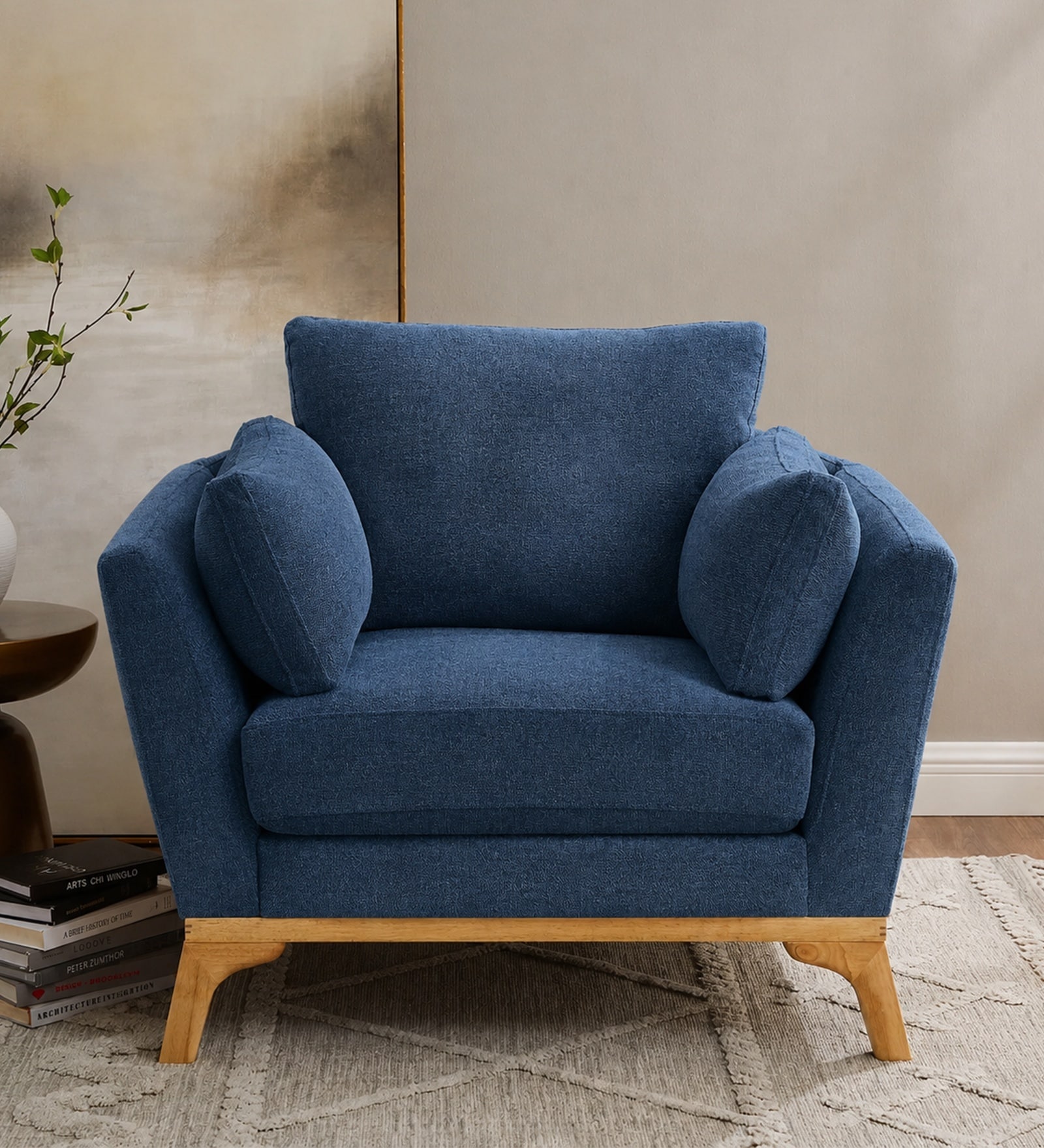 Lorentz Walnut Finish Boucle Fabric Lounge Chair In Blue Colour Lorentz Walnut Finish Boucle Fabric Lounge Chair In Blue Colour