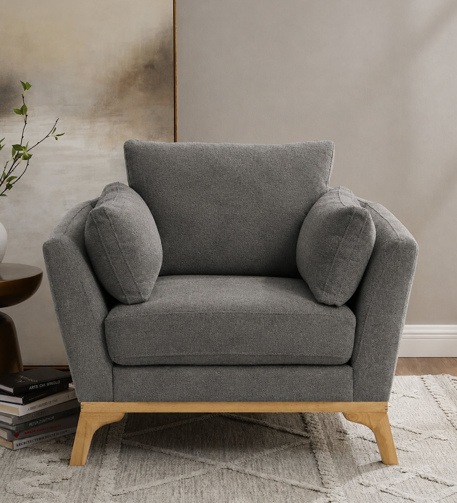 Lorentz Walnut Finish Boucle Fabric Lounge Chair In Grey Colour Lorentz Walnut Finish Boucle Fabric Lounge Chair In Grey Colour