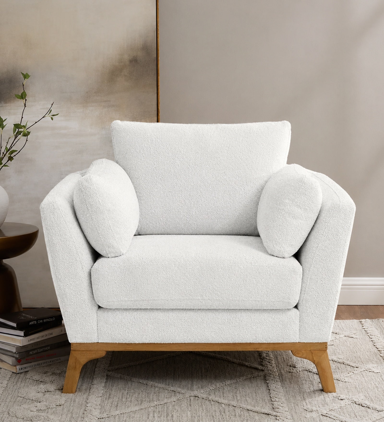 Lorentz Walnut Finish Boucle Fabric Lounge Chair In White Colour Lorentz Walnut Finish Boucle Fabric Lounge Chair In White Colour