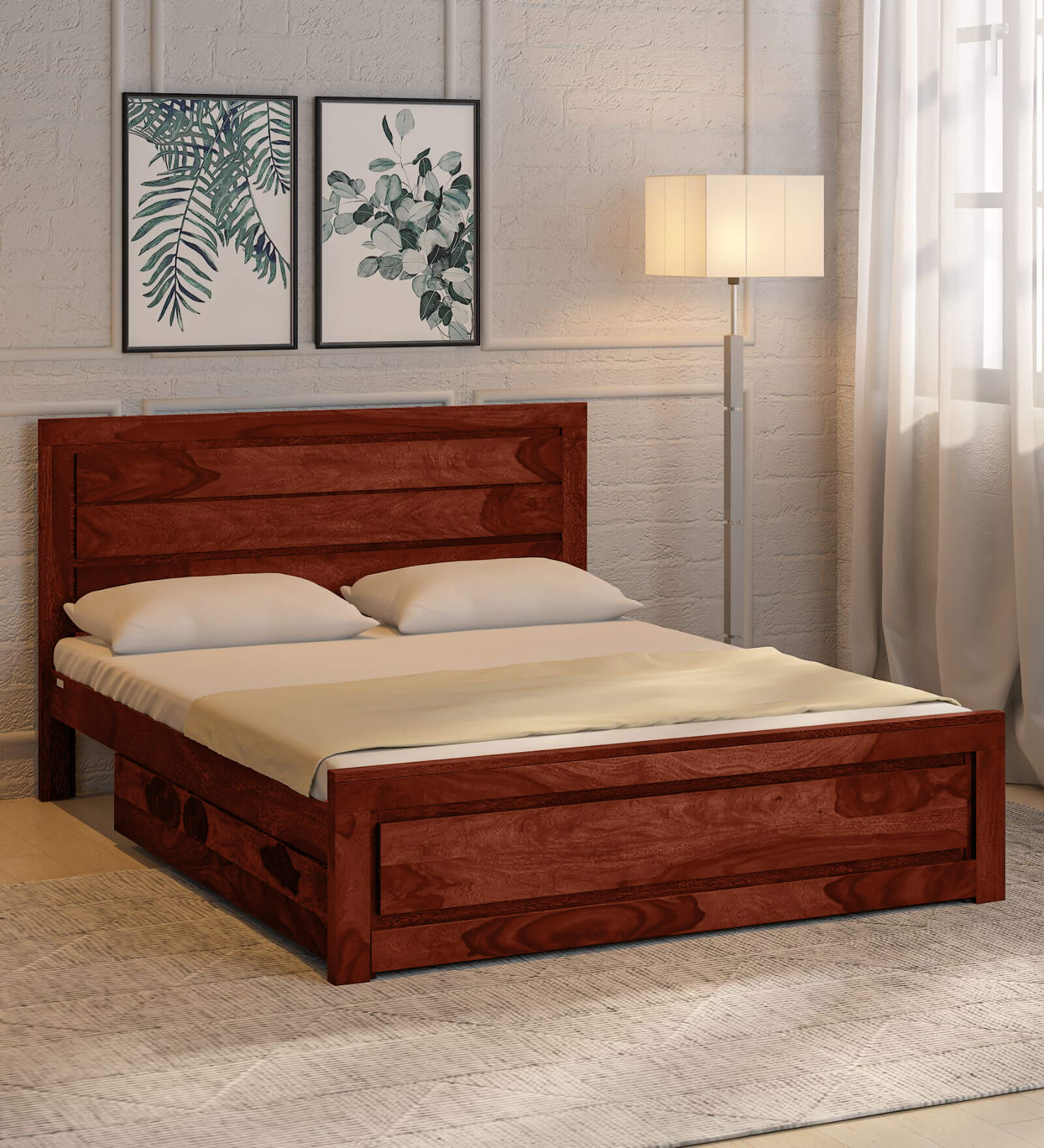 Lorenzo Sheesham Wood Queen Size Bed in Scratch Resistant Honey Oak Finish With Drawer Storage