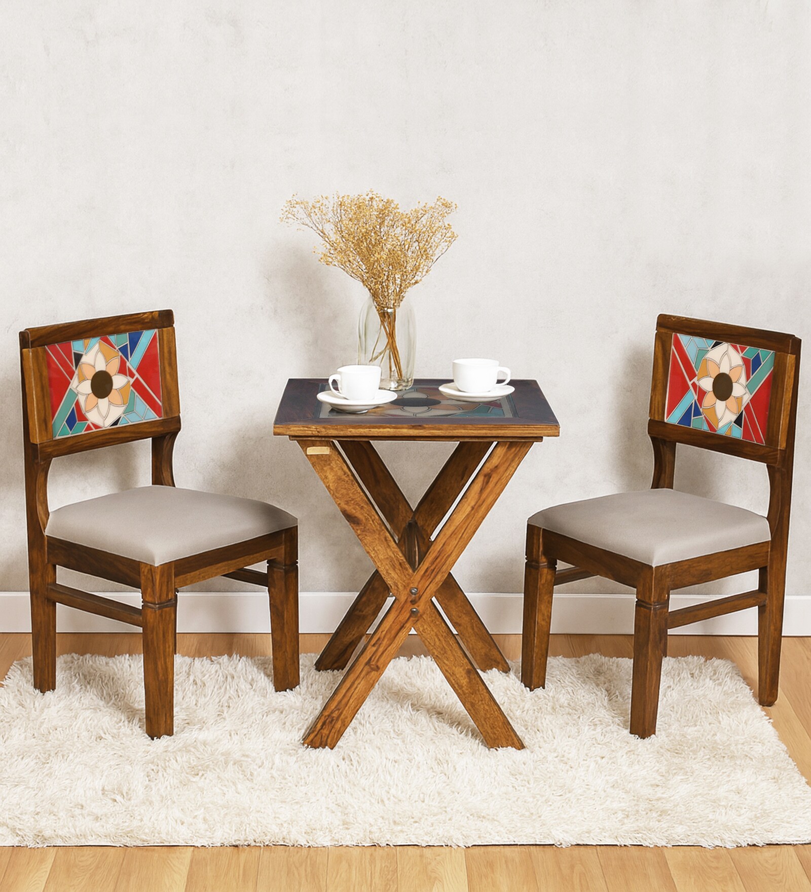 Los Angeles Sheesham Wood 2 Seater Cafe Table Set In Provincial Teak Finish