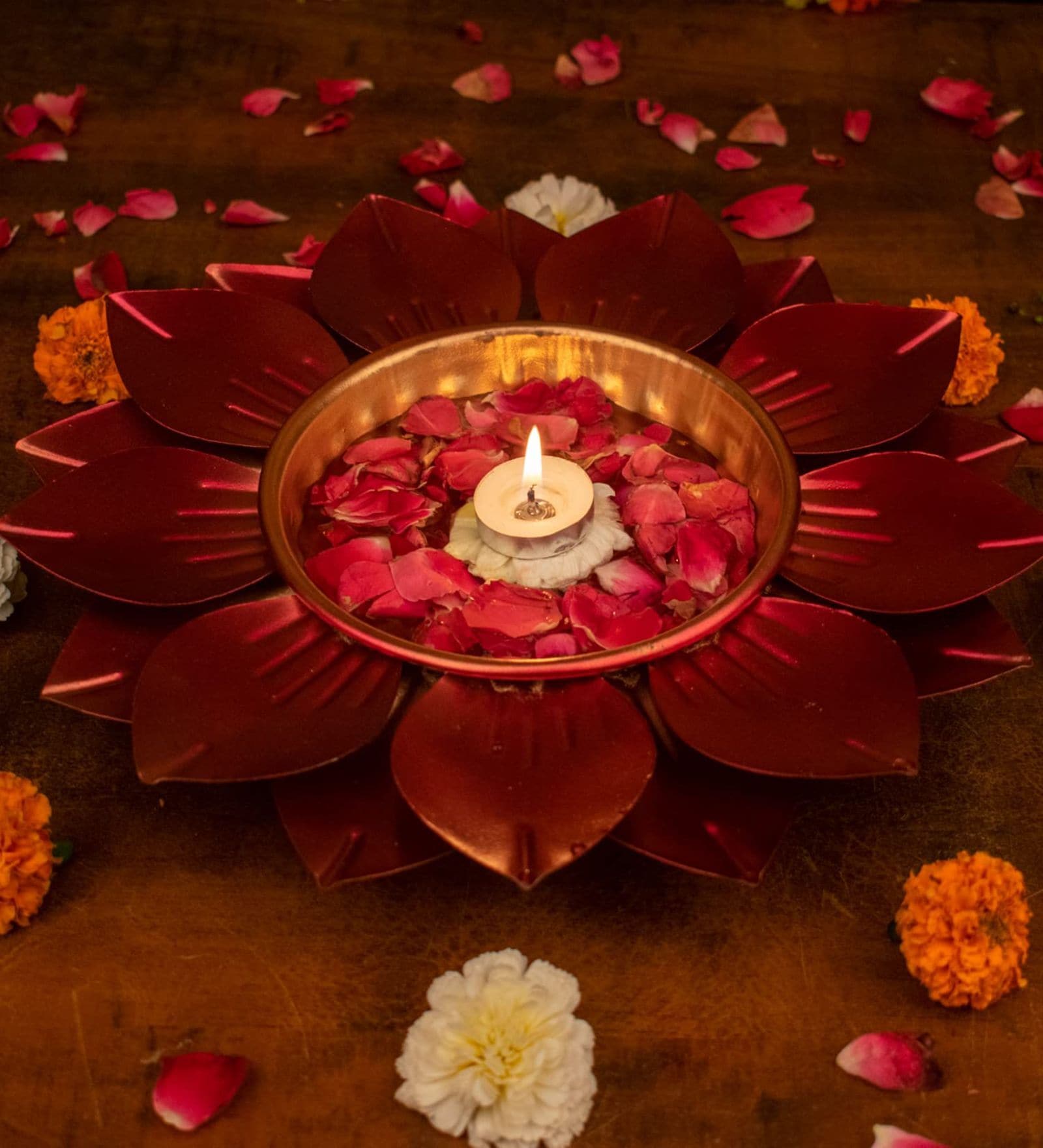 Lotus 12 Inch Metal Urli (Pink & Gold)