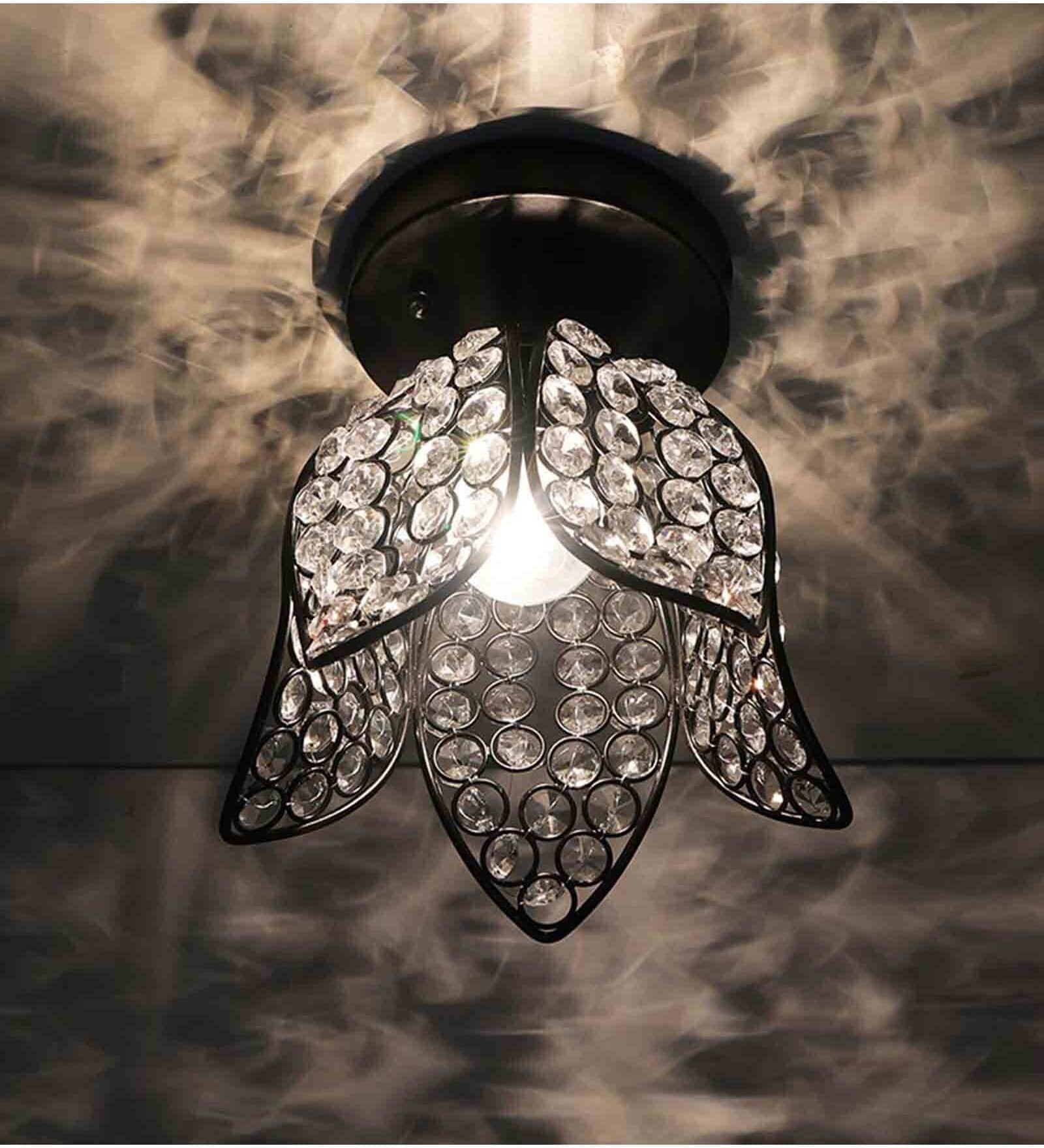 Lotus Black Metal & Crystal Ceiling Flush Mount Light