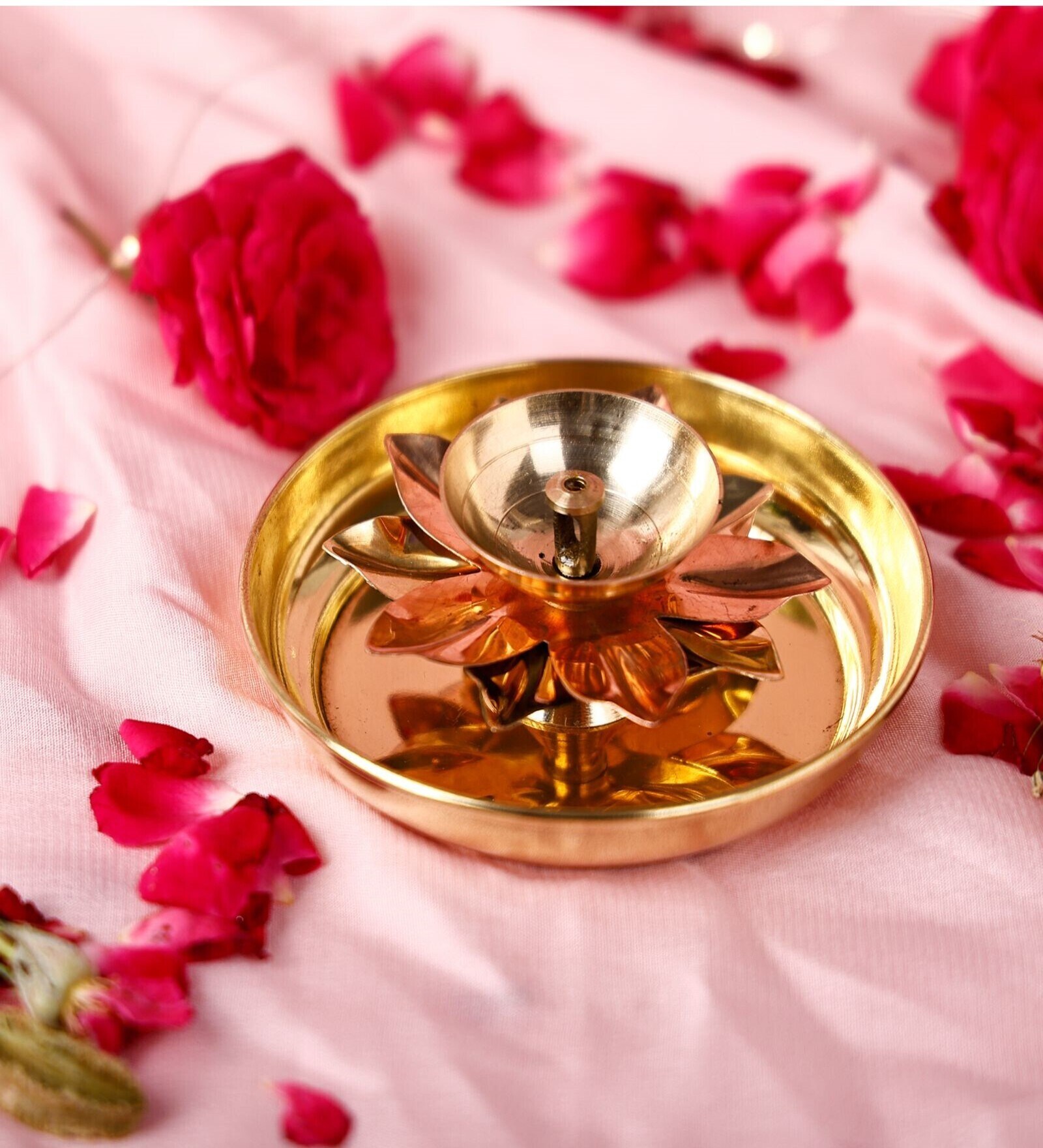 Lotus Small Golden Brass P Plate with Diya