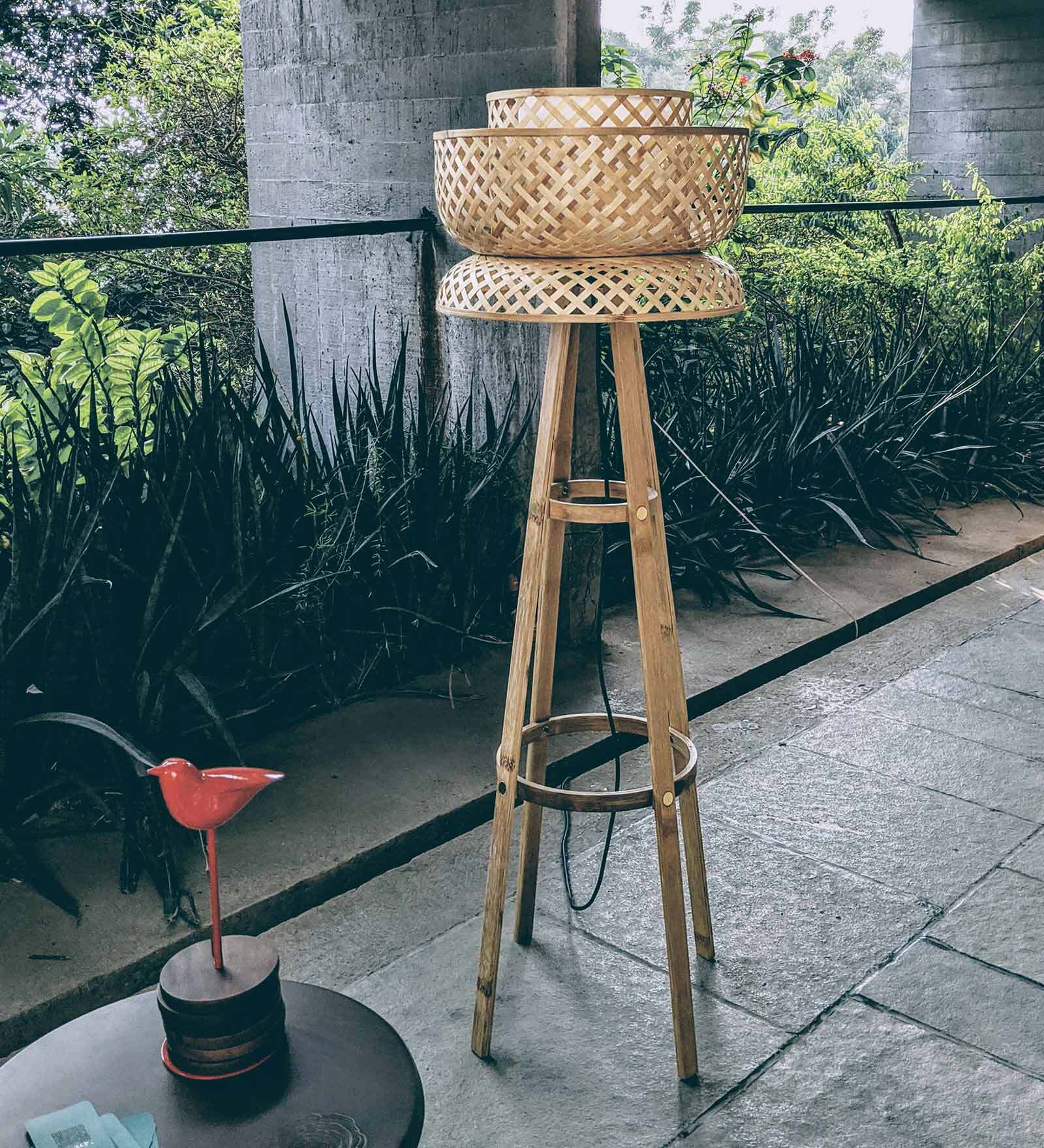 Blue Bamboo Shade Tripod Floor Lamp With Bamboo Base
