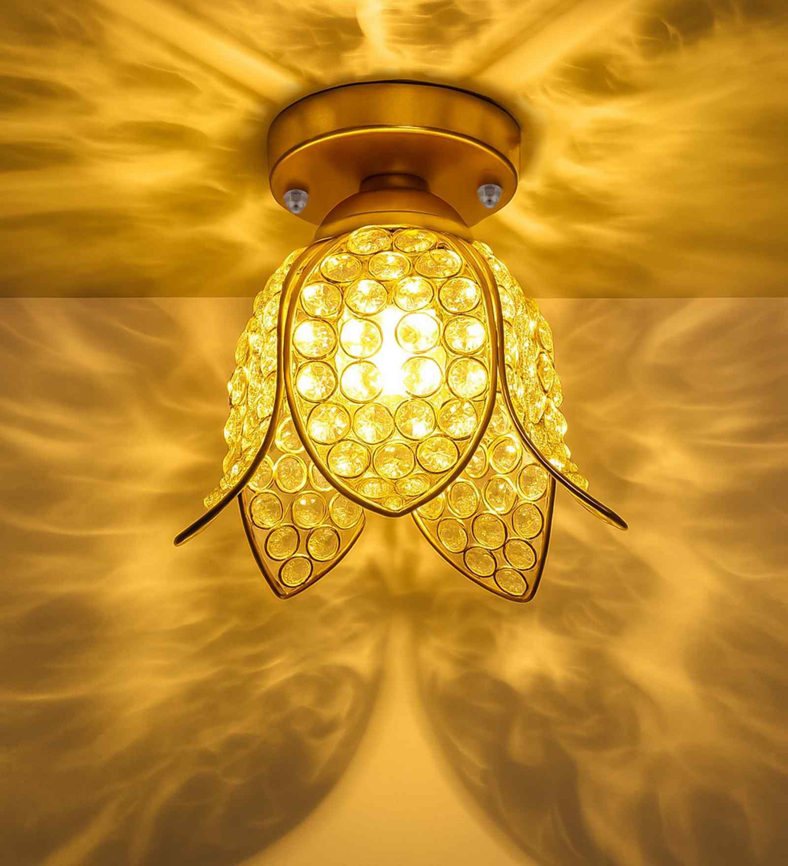 Lotus Gold Metal & Crystal Ceiling Flush Mount Light