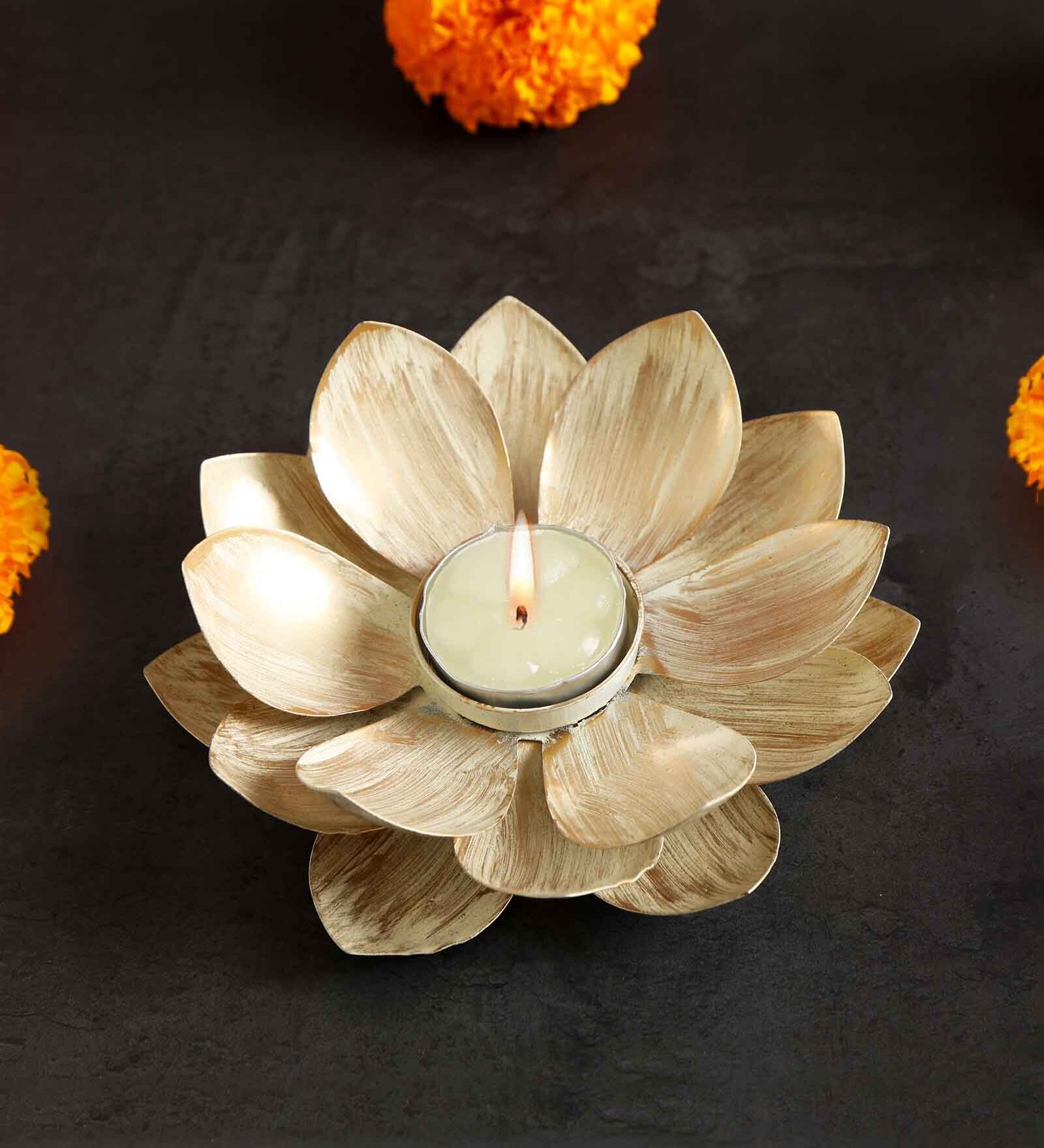 Lotus Ivory and Gold Metal Candle Stand