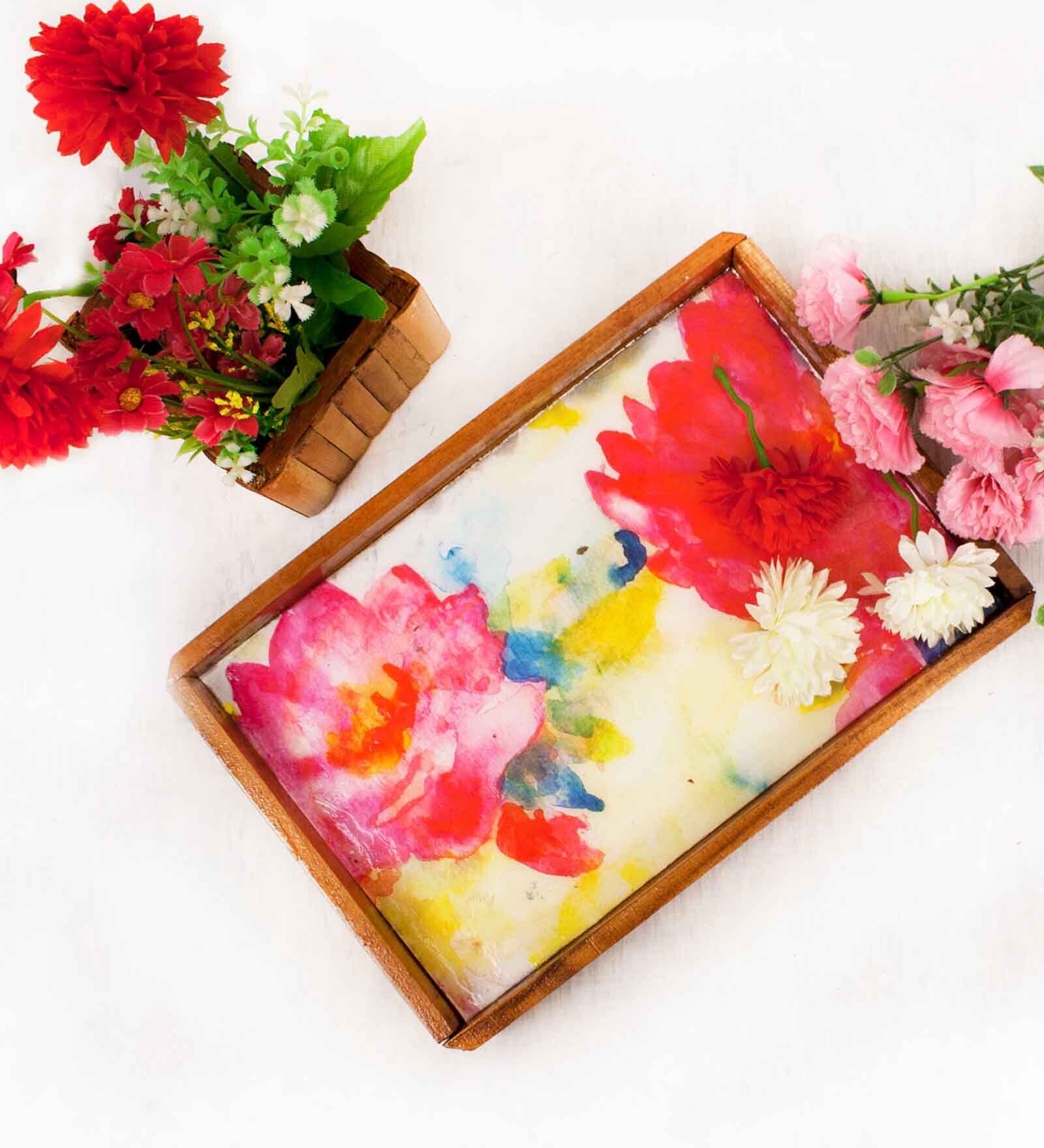 Lotus Multicolour Plywood, Cloth, Goldfoil, Paints & Semi Precious Stones Serving Tray