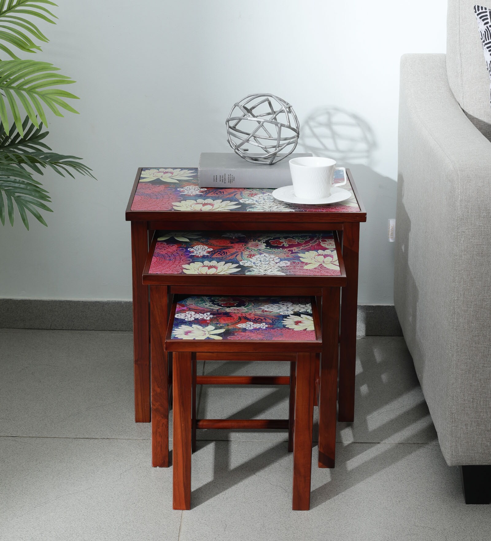 Buy Lotus Print Solid Wood Nesting Table in Brown Colour at 34% OFF by ...