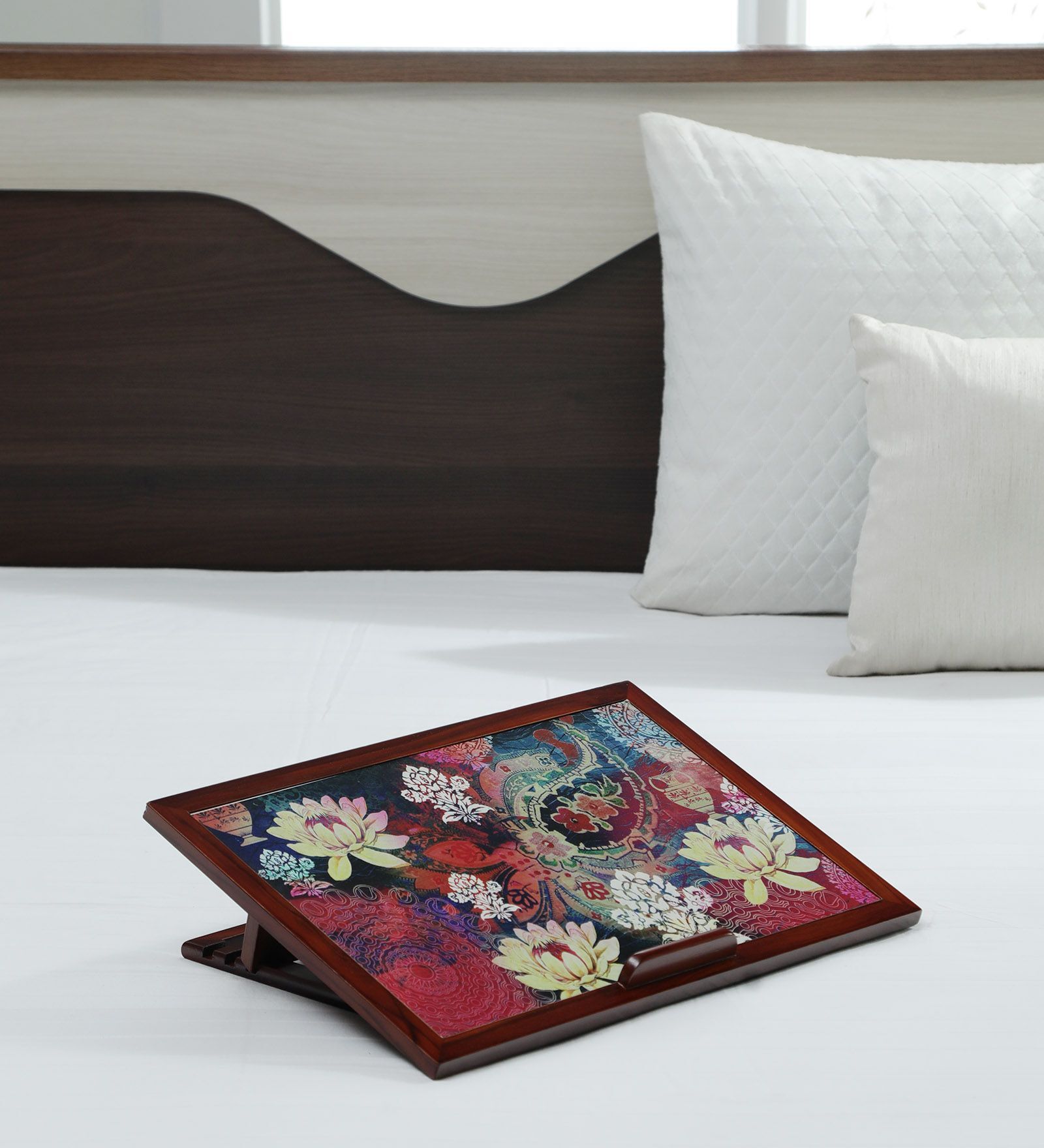 Lotus Print Solid Wood Portable Laptop Table in Brown Colour