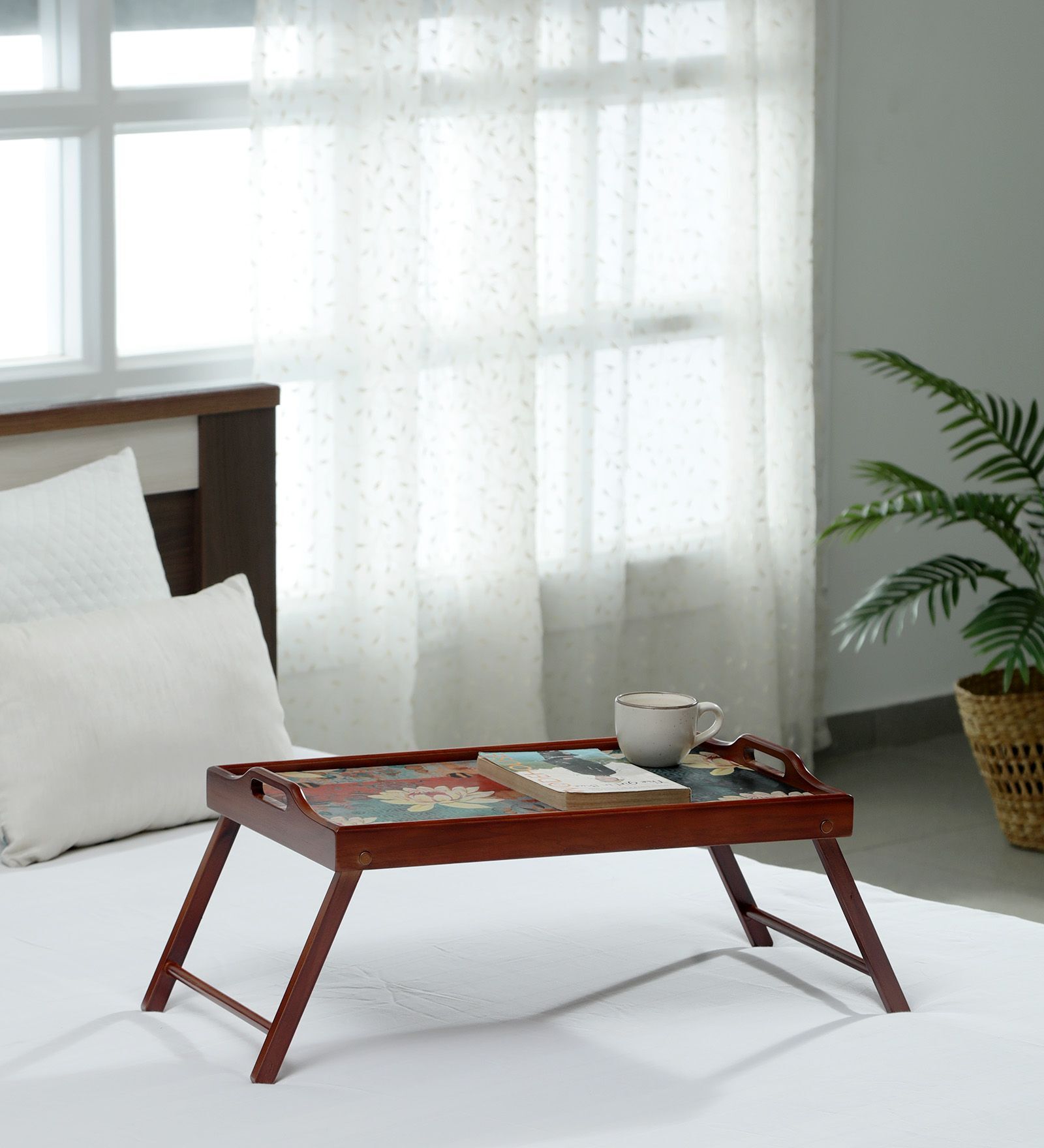 Lotus Print Solid Wood Portable Table in Brown Colour