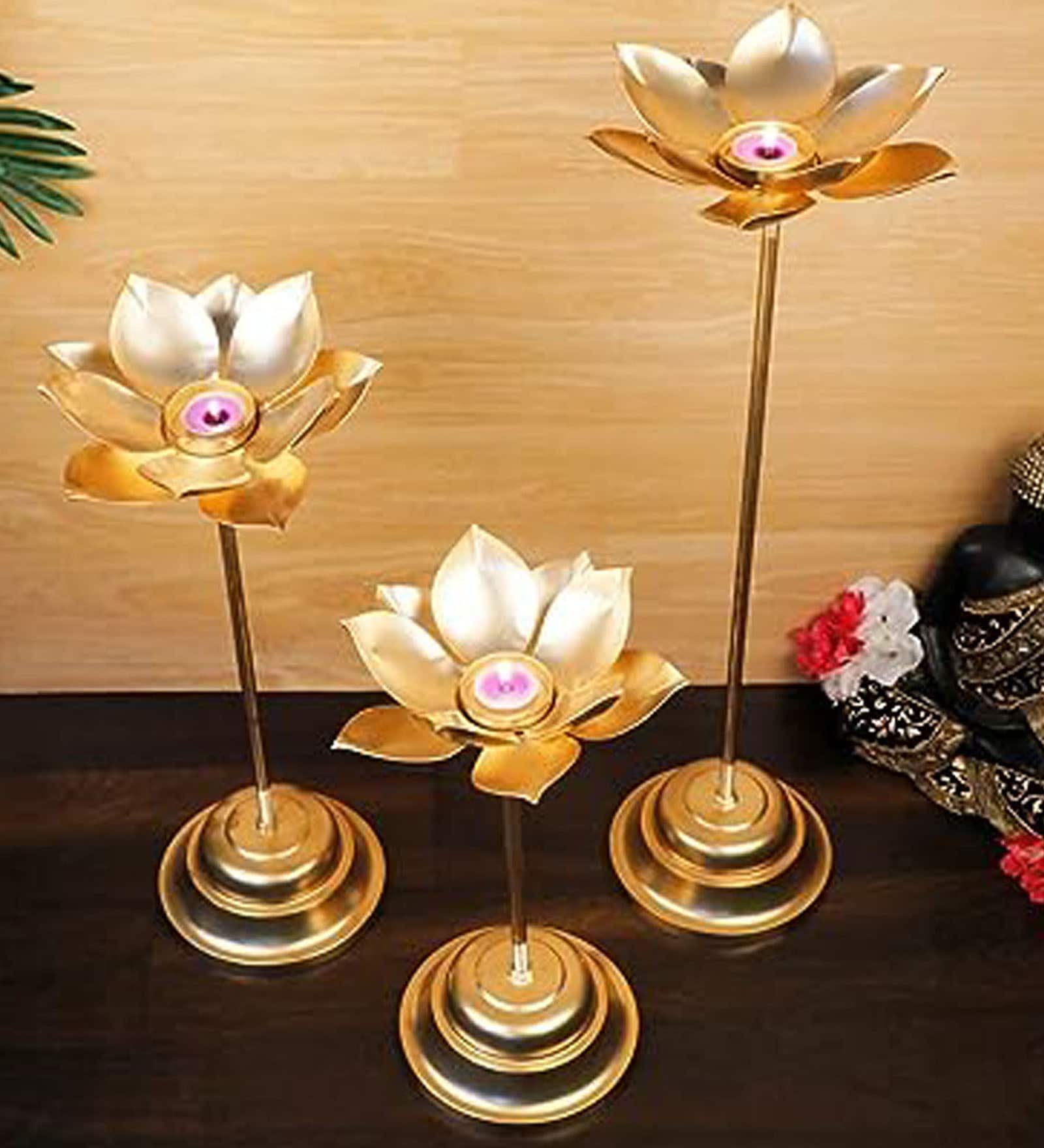 Lotus Set Of 3 Gold Iron Diya