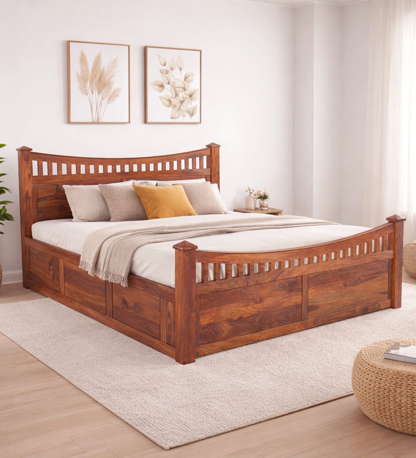 Lotus Sheesham Wood King Size Bed In Honey Oak Finish With Box Storage Lotus Sheesham Wood King Size Bed In Honey Oak Finish With Box Storage