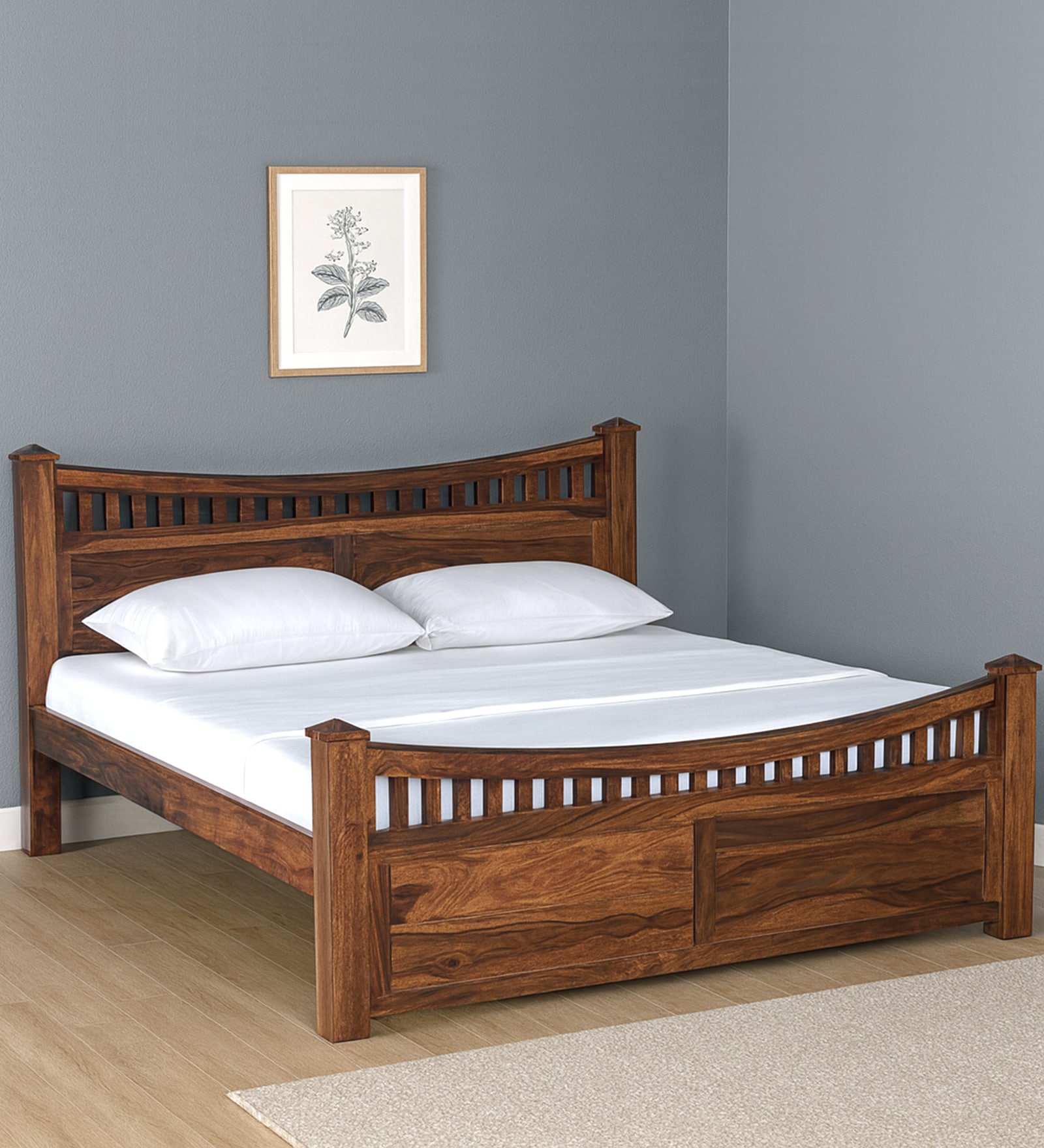 Lotus Sheesham Wood Queen Size Bed In Provincial Teak Finish