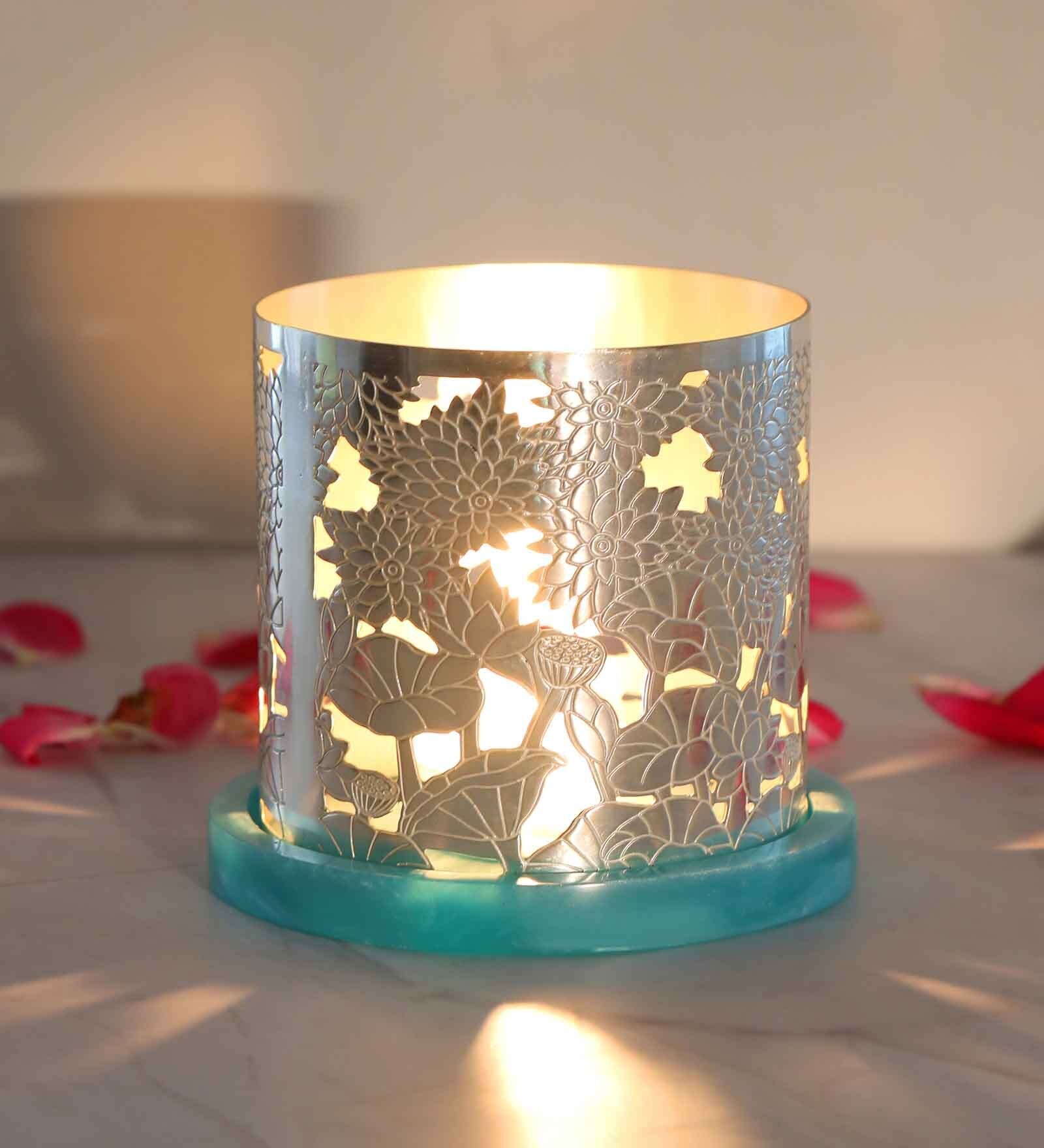 Buy Lotus Silver & Blue Brass Tealight Holder at 16 OFF by The Home Co. Pepperfry