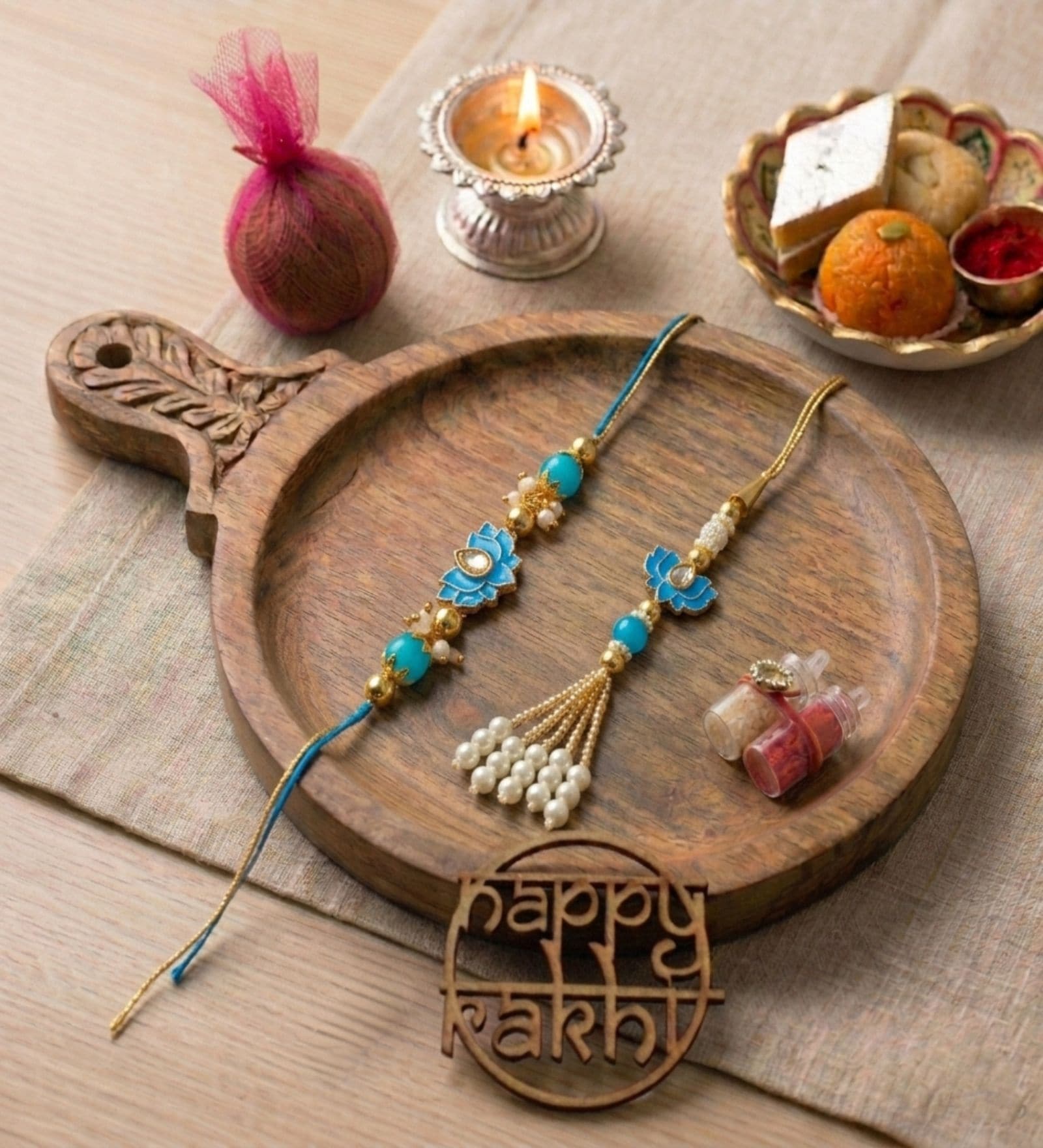 lotus Turquoise Lumba Rakhi Set With Roli Chawal and Nariyal With Gift Box